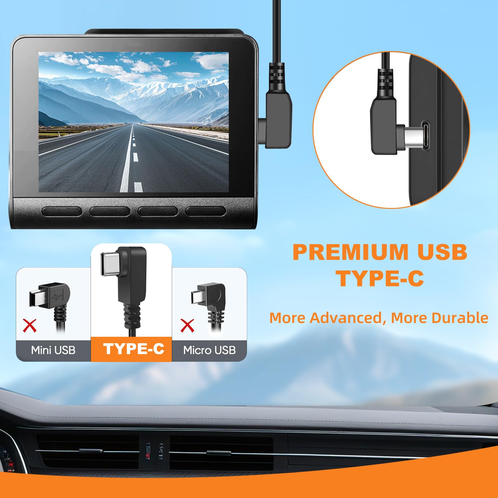 Pxm&MM USB-C-Netzkabel für Dashcam, 3,5 m, 90 Grad Winkel, USB 2.0 A auf Typ-C Dashcam-Kabel, USB-C-Auto-Ladegerät-Adapter-Anschluss für Dashcam, unterstützt Strom 3,5 A