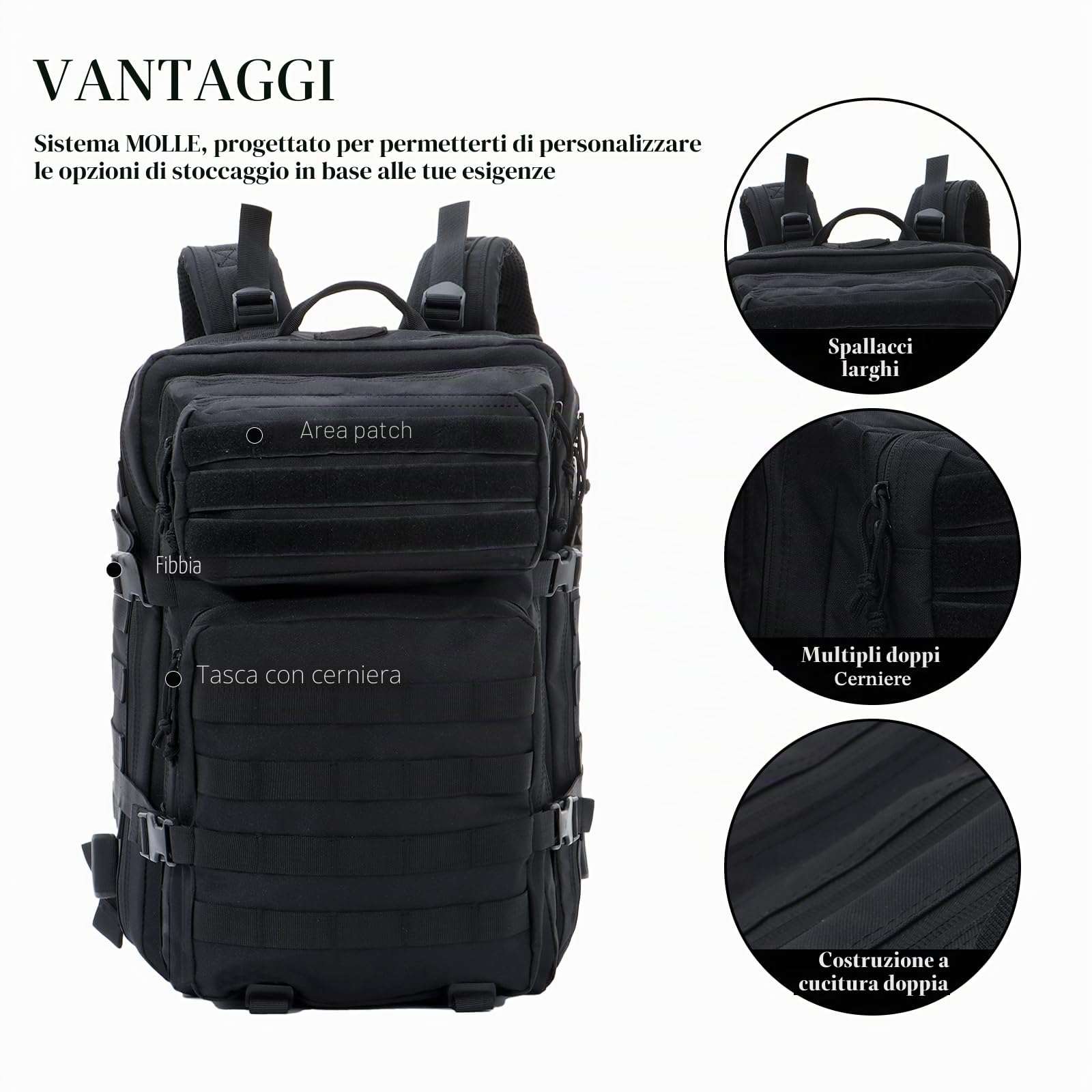 BWBIKE 40L Zaini Tattici Militari Zaino da Escursionismo all'aperto Impermeabile Camo Daypack Durable Molle Army 3 Giorni Assault Pack Spazioso Zaino da Trekking,Nero
