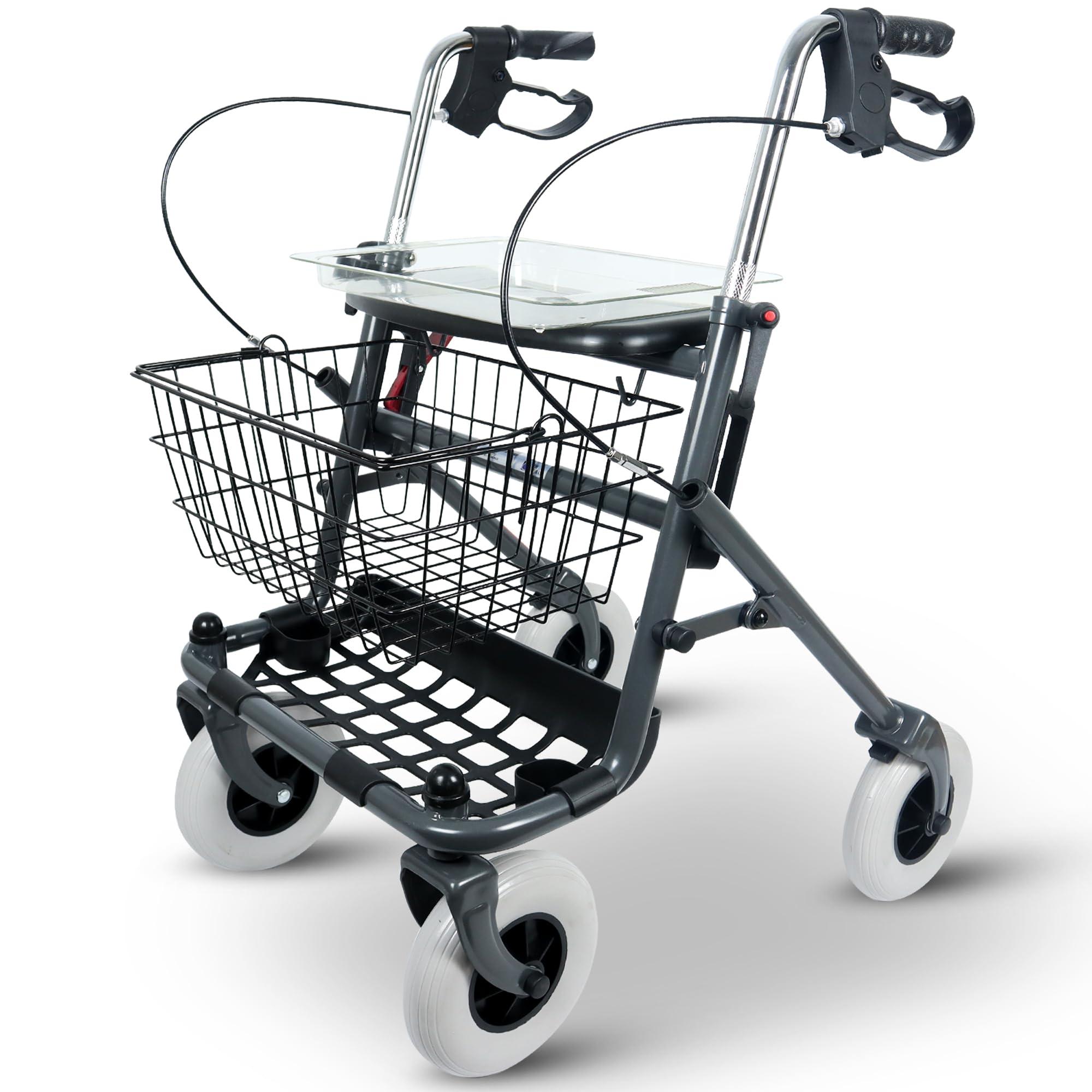 Rollator, leicht und ergonomisch, Gehhilfe mit höhenverstellbaren Griffen, extra breiten Reifen, Stabilität auf allen Untergründen, nur 8 Kg, Stockhalter und geräumiger Korb, Innen und Draußen