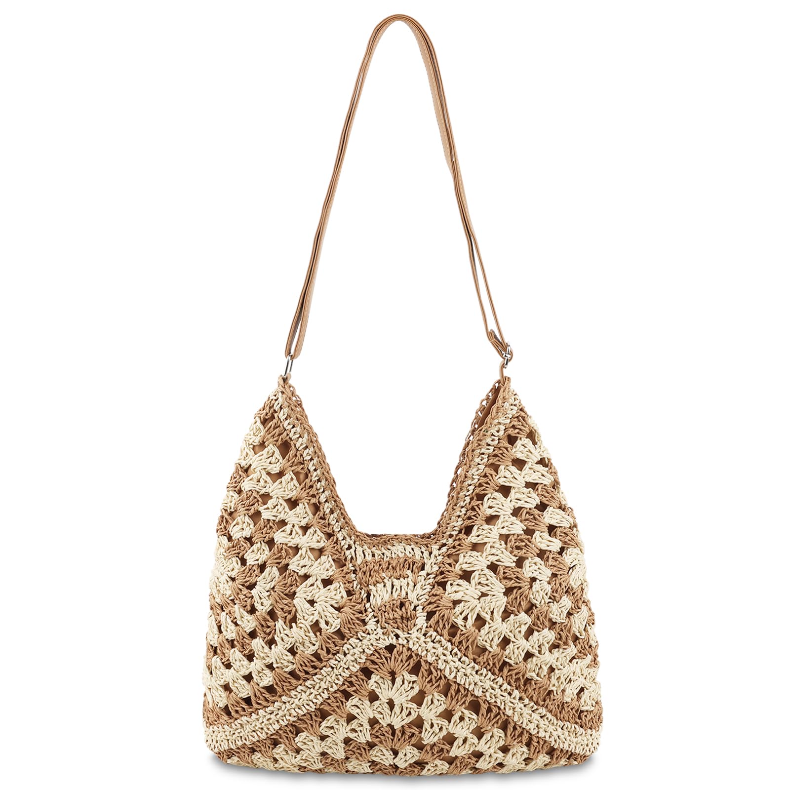 Straw Hobo Beach Bag for Women, Woven Tote Bag Summer Crochet Shoulder Bag Purse with PU Leather Strap,Vintage Foldable Handbag for Everyday Travel Vacation(Khaki-Adjustable Strap)