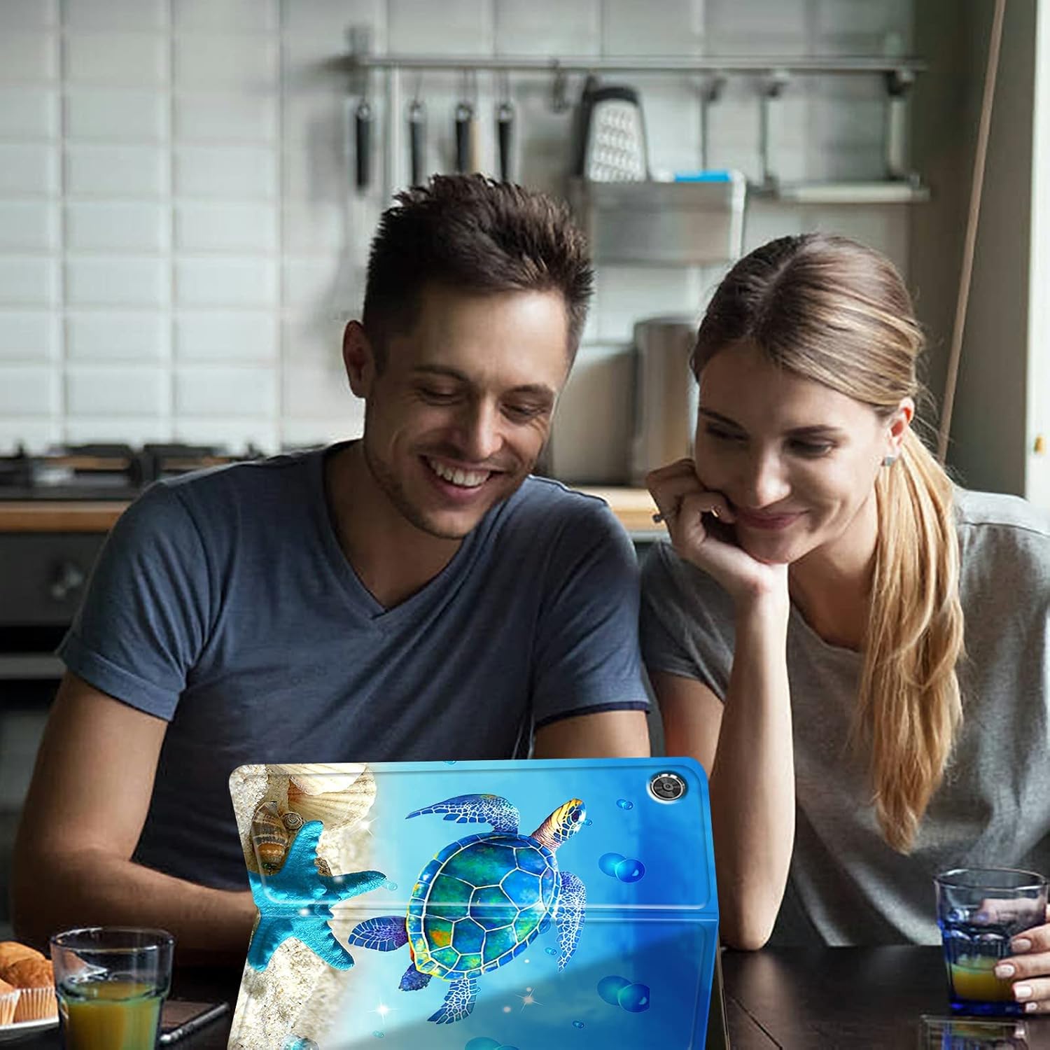Fire HD 10 Tablet Case 10.1" (2019/2017/2015 Release) Shockproof Slim PU Leather Cover with Auto Sleep/Wake for All-New Amazon Kindle Fire 10 (9th / 7th / 5th Generation),Sea Turtle and Starfish