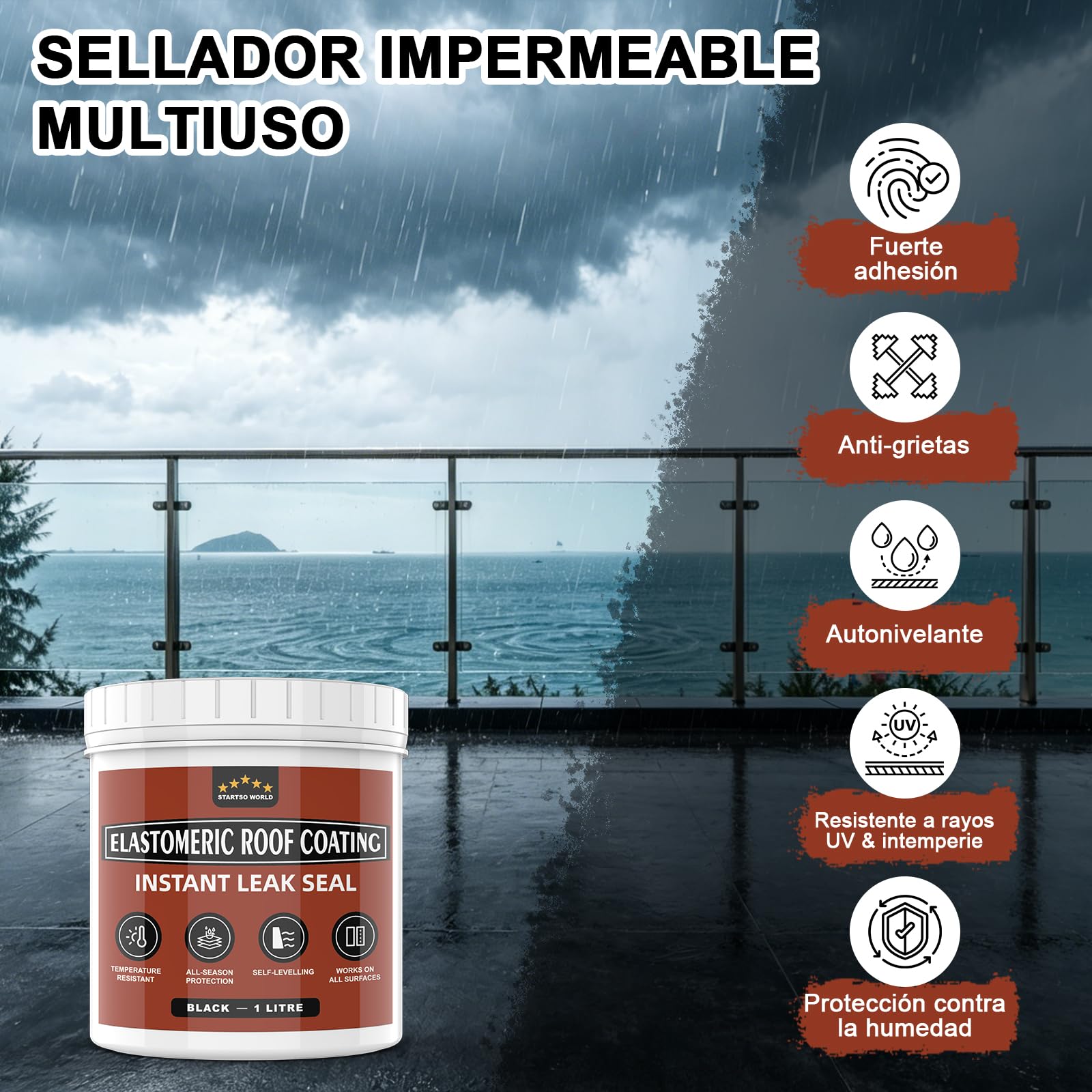 Caucho líquido impermeabilizante 1 L negro – membrana elástica sin imprimación para tejados, revestimiento impermeable para terrazas, canalones, hormigón, madera y metal