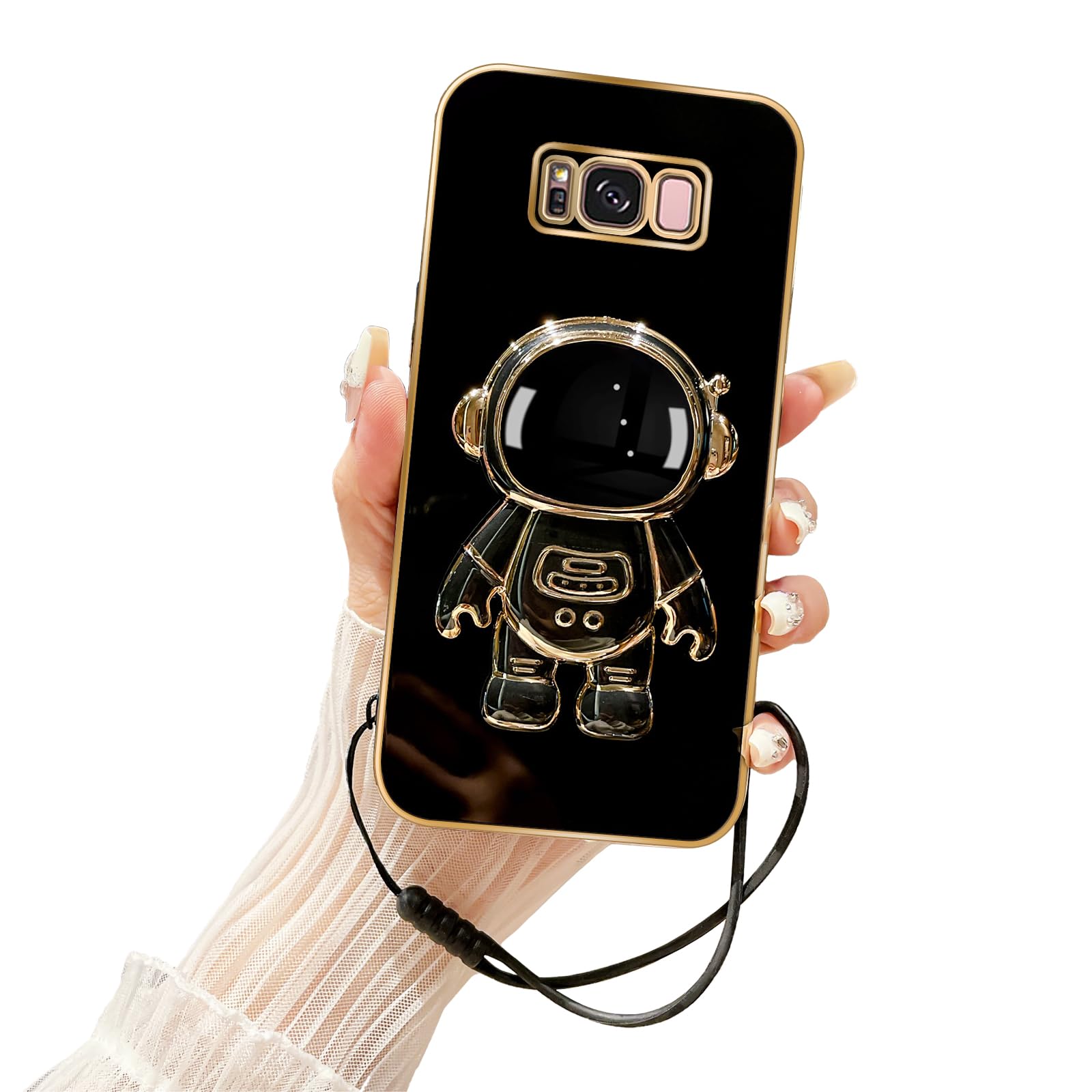 Tesazxcn for Samsung Galaxy S8+ Case (Not Fit S8) with 6D Plating Astronaut Hidden Stand and Lanyard Strap Soft TPU Shockproof Protective Cover Luxury