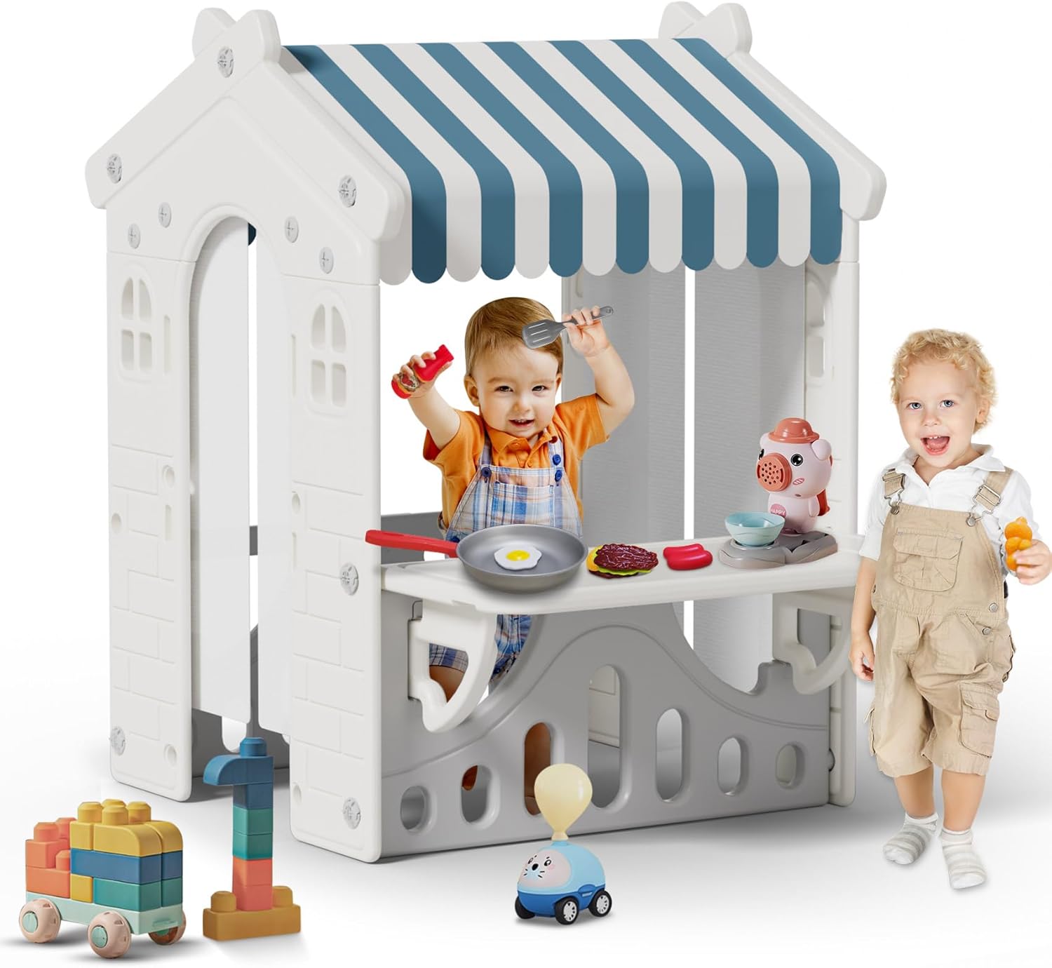 BIERUM Kids Playhouse with Cute Kids Pretend Play Kitchen Toys Set, Outdoor Playhouse for Toddlers Aged 1-3, with Windows, Door Curtains and Foldable Stand and Play Platform Blue