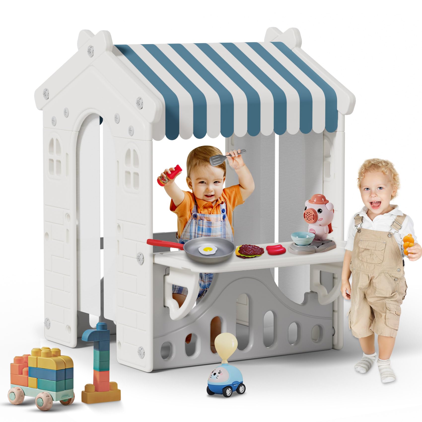 BIERUM Kids Playhouse with Cute Kids Pretend Play Kitchen Toys Set, Outdoor Playhouse for Toddlers Aged 1-3, with Windows, Door Curtains and Foldable Stand and Play Platform Blue