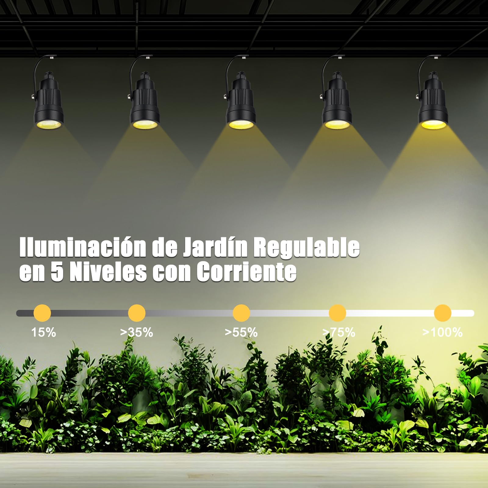 COOLWEST Luces LED Exterior Jardin con Sensor de Luz, 20M 8x5W Focos LED Exterior Blanco Cálido 3000K Impermeable IP65, 36V Lámpara de Jardín con Temporizador para Patios, Entrada de Vehículos