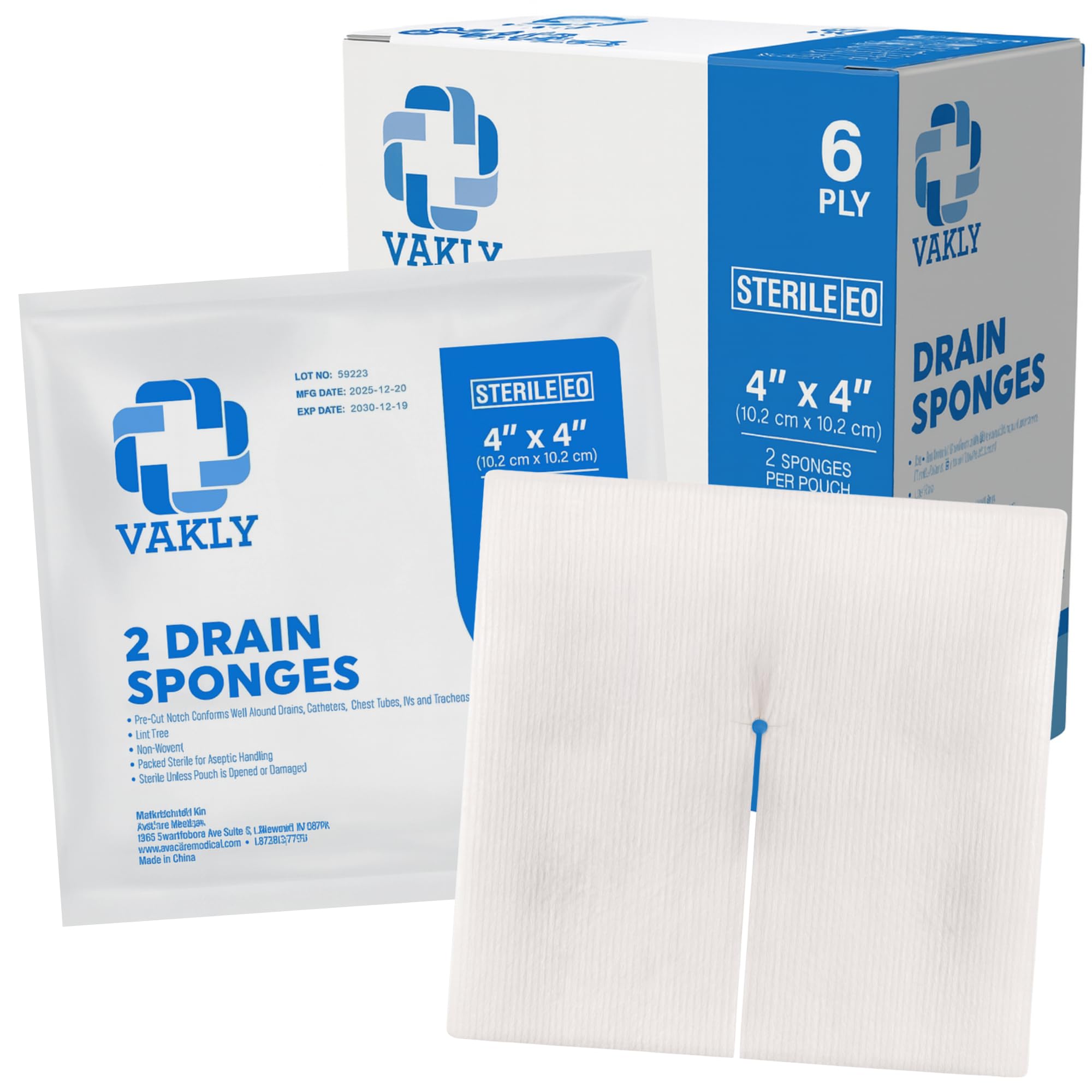 Vakly Split Drain Sponge Gauze 4x4 Sterile 6 Ply Pads [Pack of 50] Absorbent Precut 4"X4" Non-Woven Slit Bandage for I.V. Tracheostomy - 25 Packs of 2 Pre Cut Bandages – Packaging May Vary