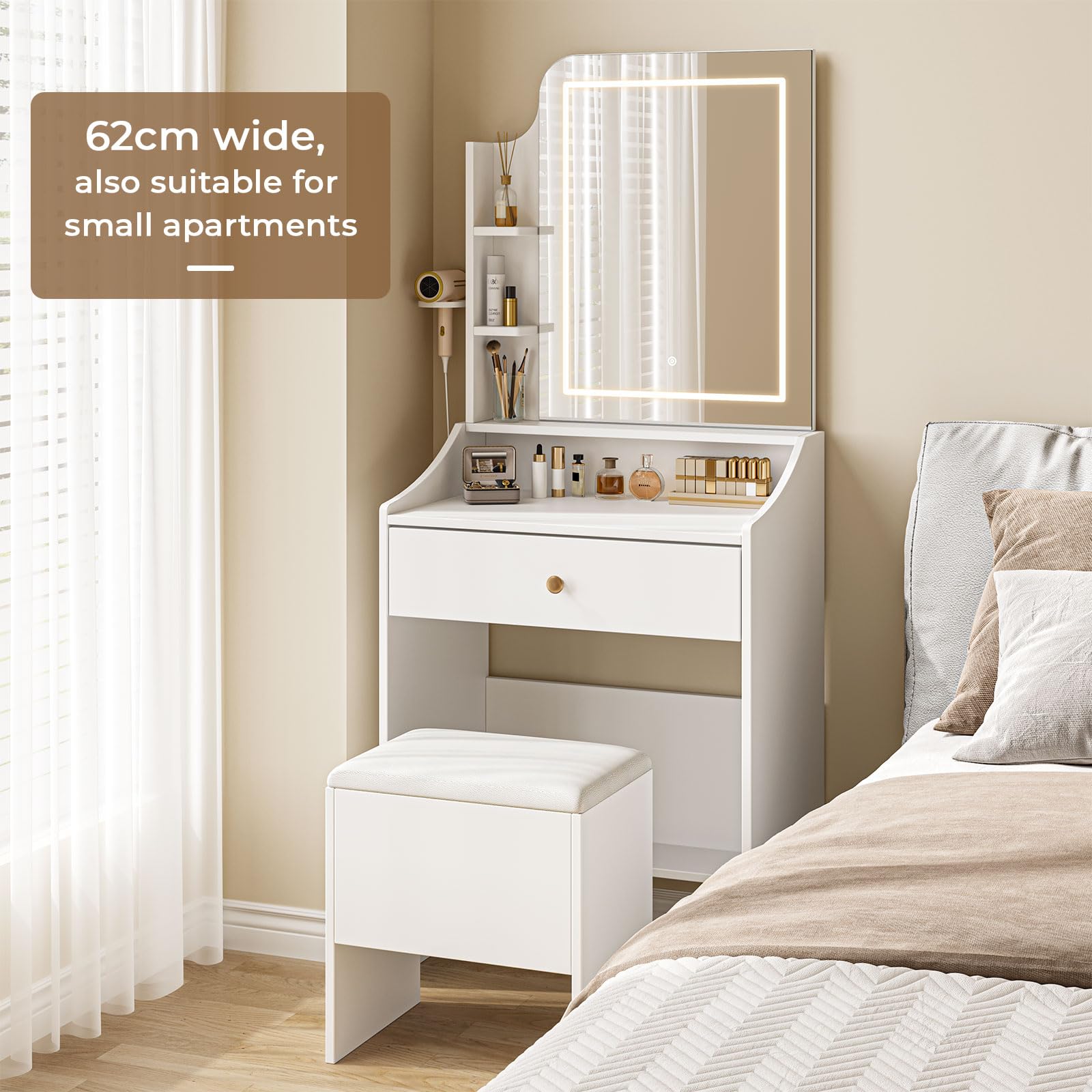 Dripex Tavolo da toeletta con illuminazione, tavolo da trucco con sgabello e specchio, 3 colori con luminosità regolabile, Vanity Desk per make up, 62 x 150 cm, bianco (62 x 150 H)