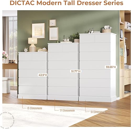 Miniatura 7 de DICTAC Cómoda alta blanca para dormitorio con 7 cajones, cómodas y cajoneras altas de 131.6 cm, organizador moderno de armario y gabinete de