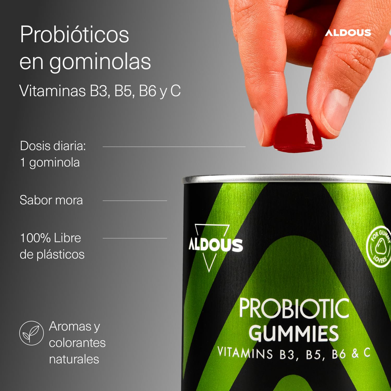 Probióticos Intestinales Gominolas - 120 Gummies sabor natural a Mora - Flora intestinal, Gases, Hinchazón - Bifidobacterium, Lactobacillus, Vitamina C, B3, B5, B6 - ALDOUS