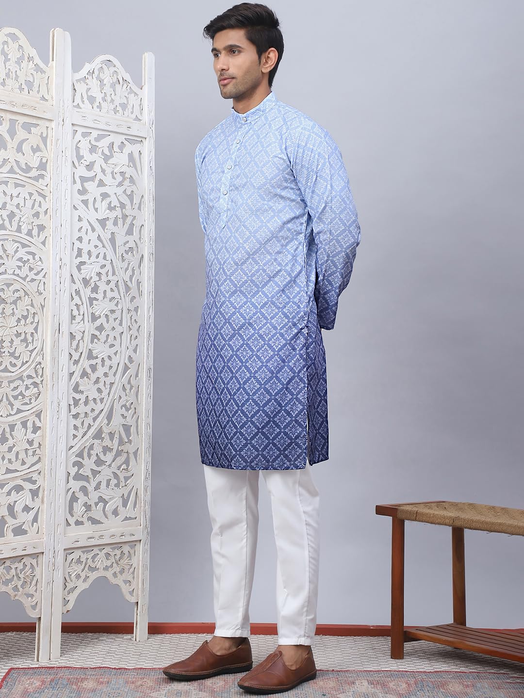 Jompers Blue Men's Ombre Printed Kurta Pyjama Set (Blue, S)