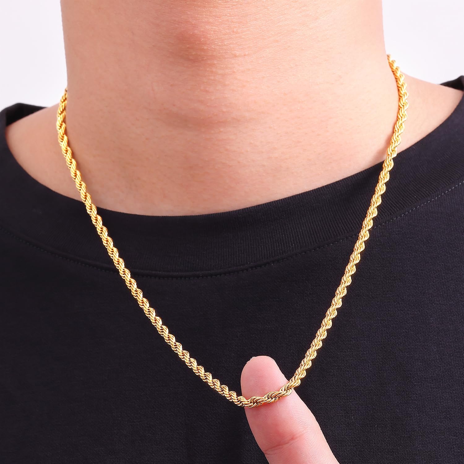 Fiusem 18K Gold Plated Rope Chain for Men, 18K Gold Plated/Black Chain Necklace, Stainless Steel Necklace for Men and Women, Valentine's Day Jewelry Gifts - Image 3