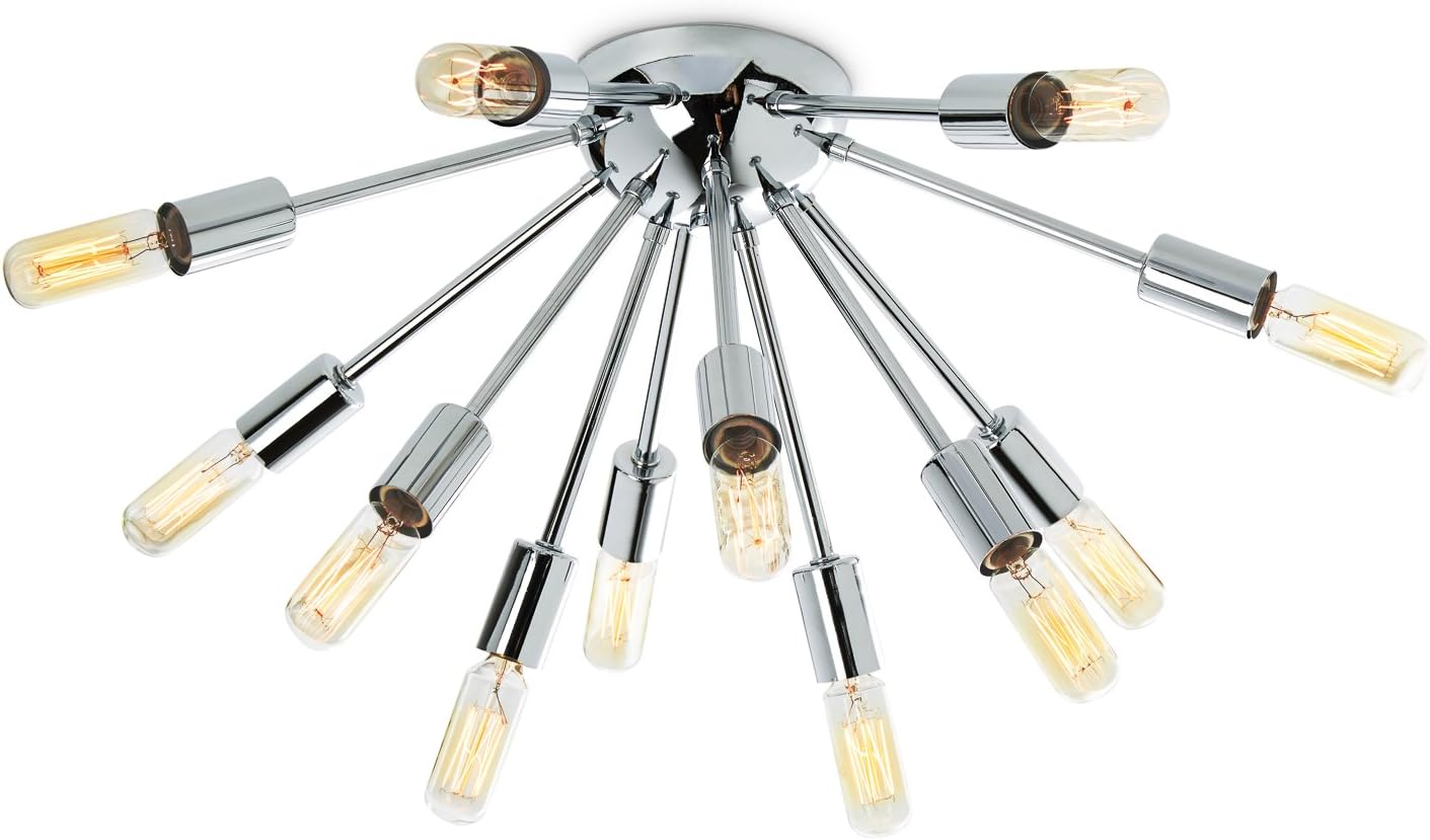 🛒 Crazy Deals Chrome Sputnik Flush Mount Light - 12 Socket Ceiling Fixture, Mid-Century Modern Candelabra Chandelier by Brooklyn Bulb Co - ETL Listed