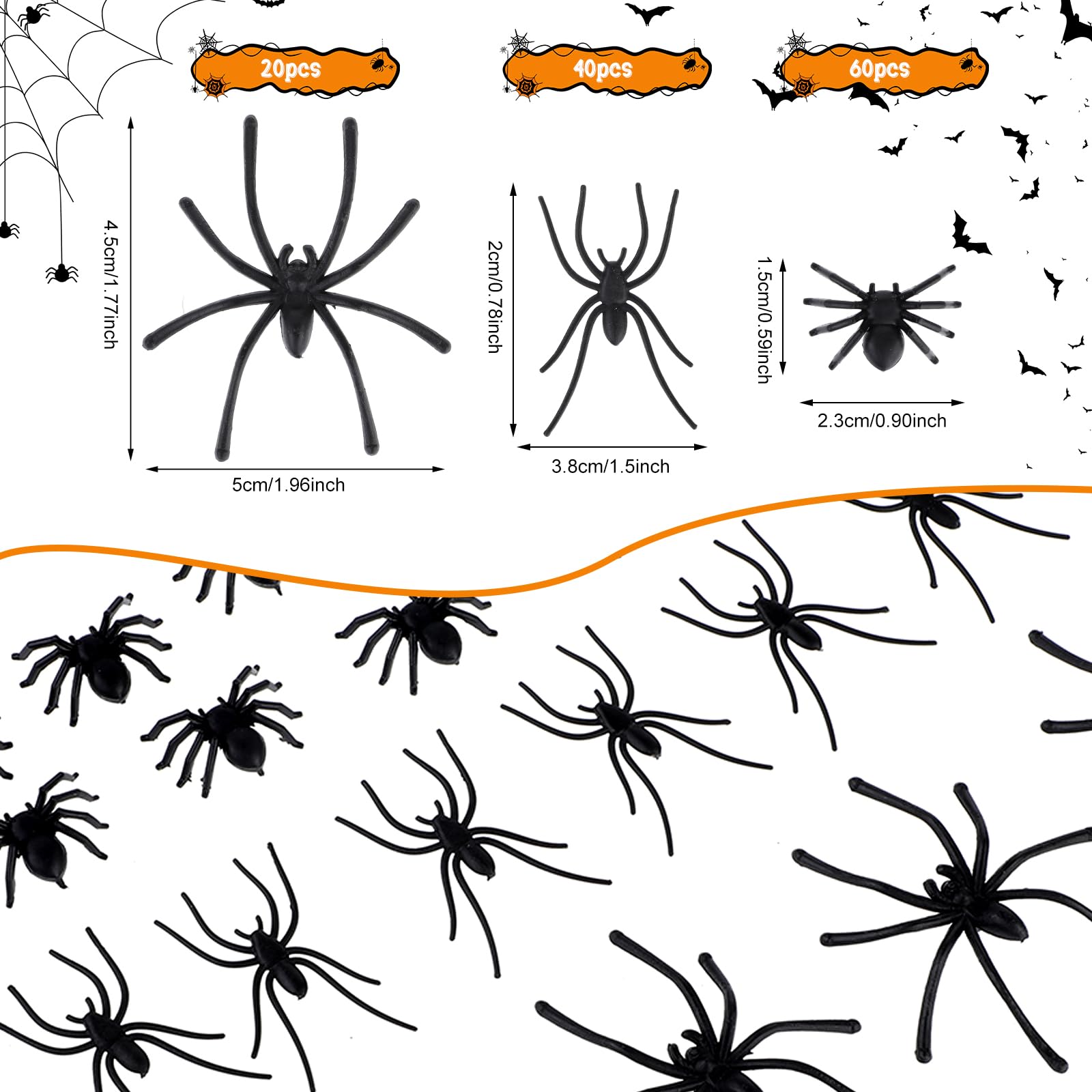 WLLHYF 3 Sizes 120 Pieces Plastic Spiders Mini Fake Tiny Spiders Halloween Realistic Spiders Black Prank Prop for Home and Party Decorations for Adults, 2 x 1.8 Inch, 1.5 x 0.8 Inch, 0.9 x 0.6 Inch - Image 2