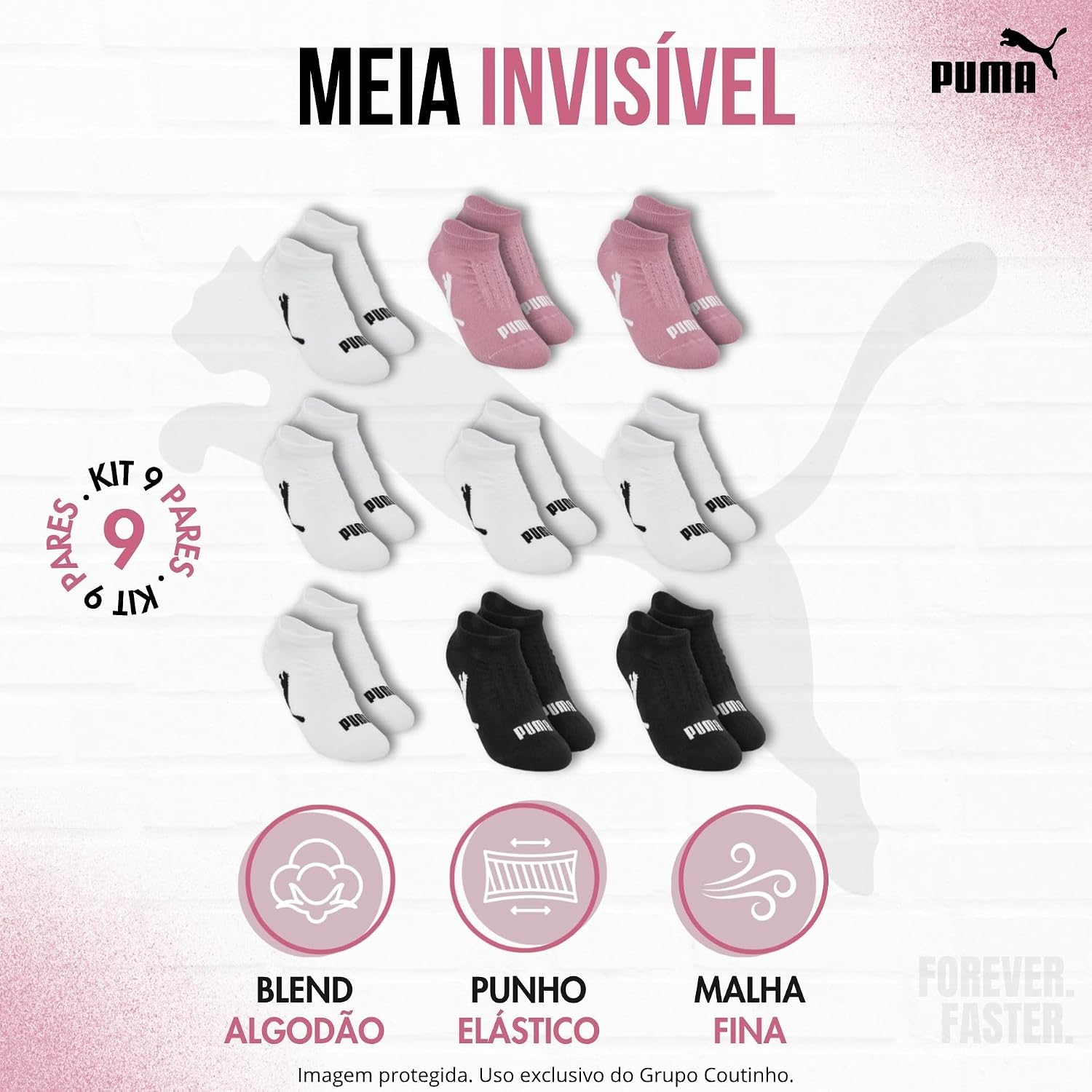 Kit 9 Pares Meia Puma Invisível Soquete Sapatilha Respirável Original