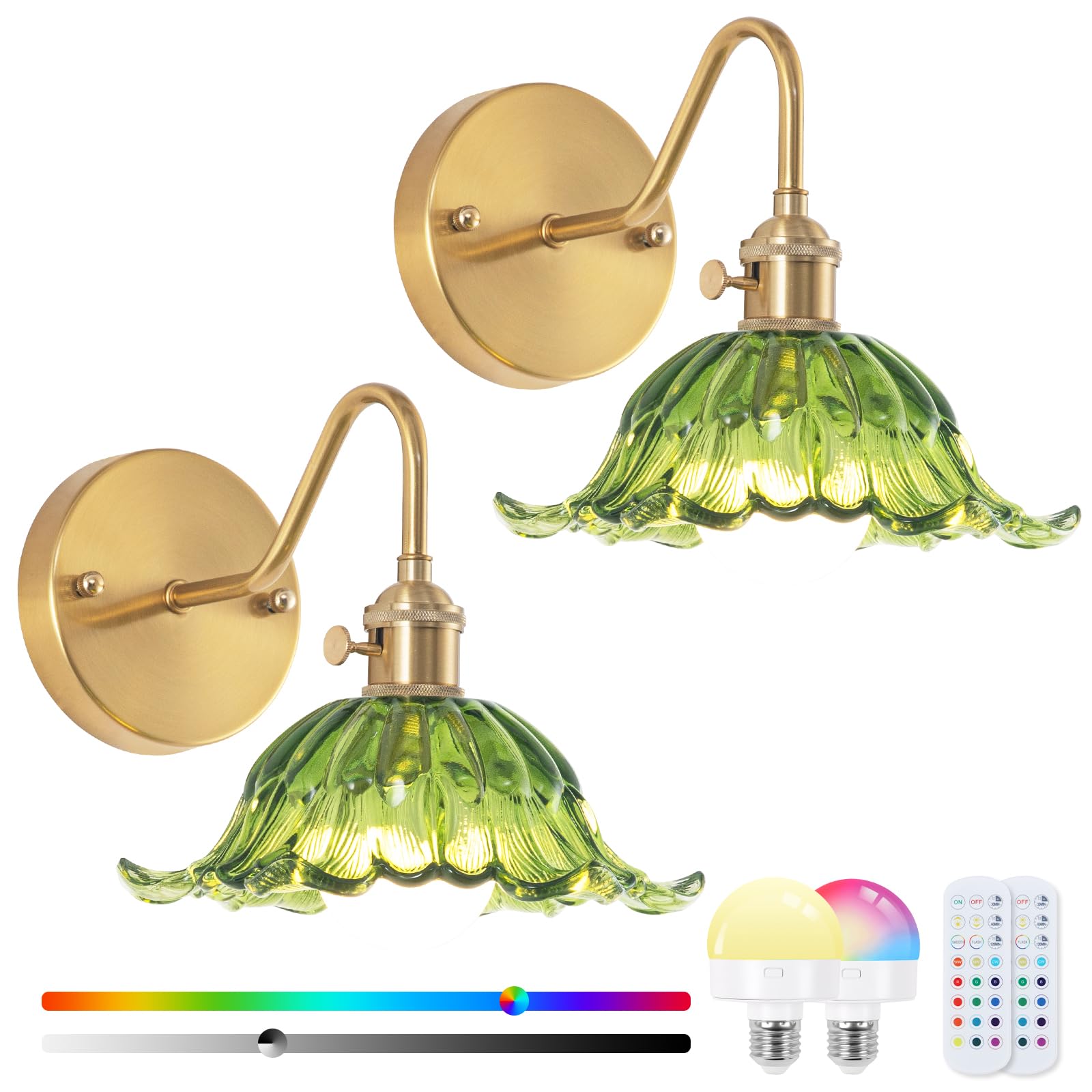 vintage battery operated wall sconce set of 2, wireless wall sconces with magnetic rgb bulbs, rechargeable wall light with flower green lampshade for bedroom living room hallway wall decor
