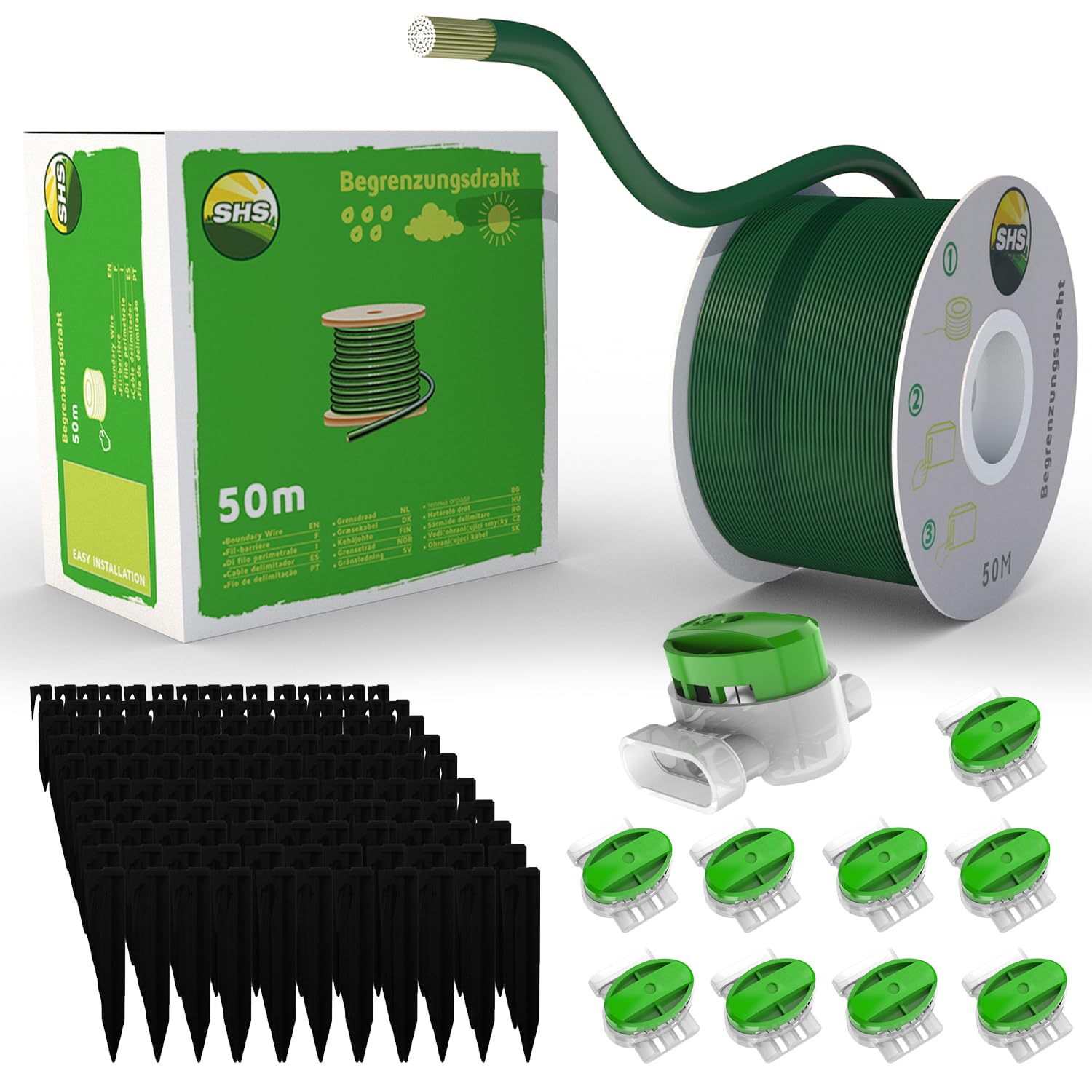 Cavo di confine da 50 m + 150 picchetti + 10 connettori per cavi per robot tosaerba, set di accessori per cavi di ricerca, compatibile con Gardena/Bosch/Husqvarna/Worx/Honda/Robomow