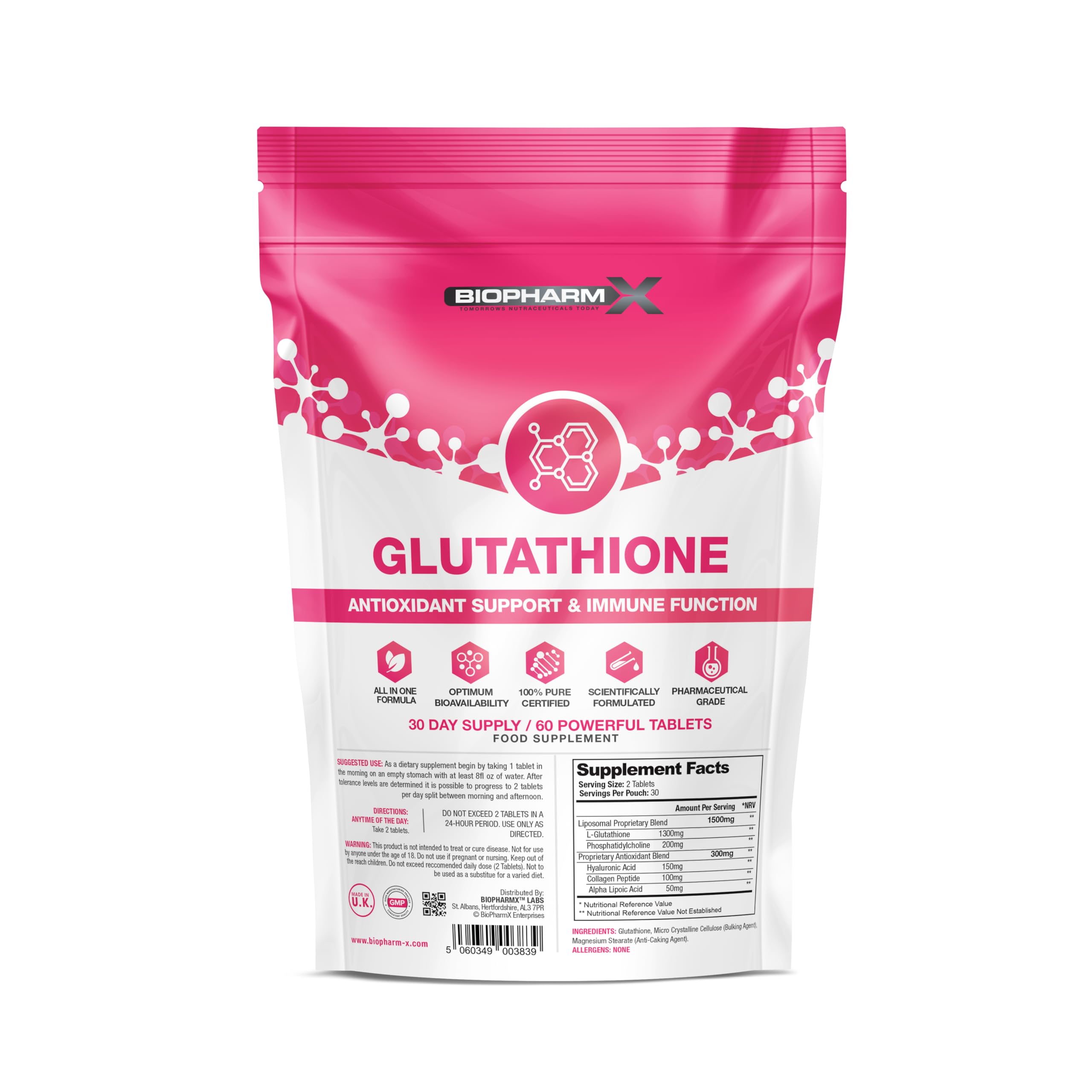 BioPharmX L-Glutathione 1500mg – High-Potency Glutathione Supplement for Skin Glow, Antioxidant Support & Liver Detox – 60 Tablets