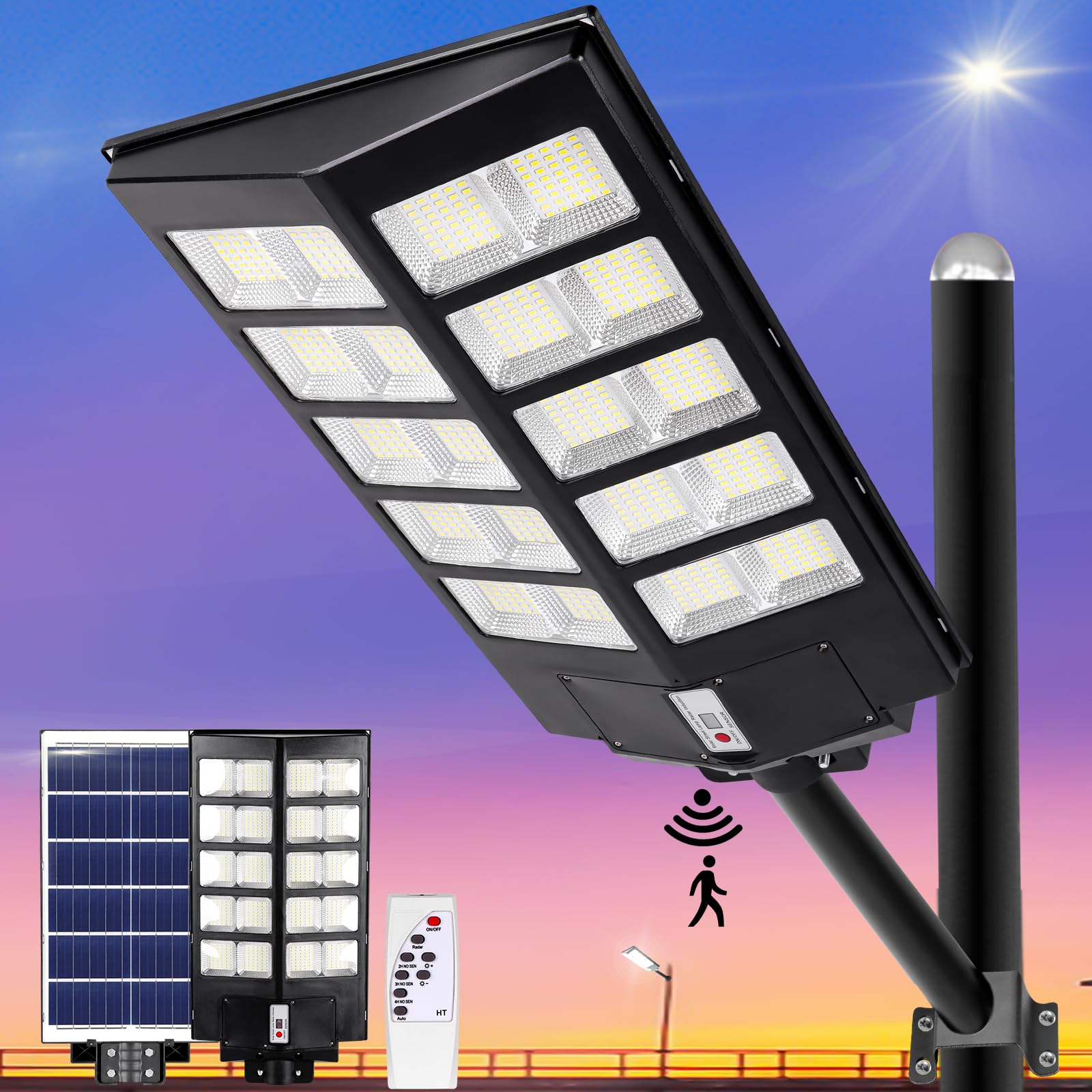 Solar Street Lights Outdoor Waterproof 3000W 26000LM 6500K Super Bright White 800PCS LED Chips, Motion Sensor with Remote Control, Flood Lights for Outside Yard Patio