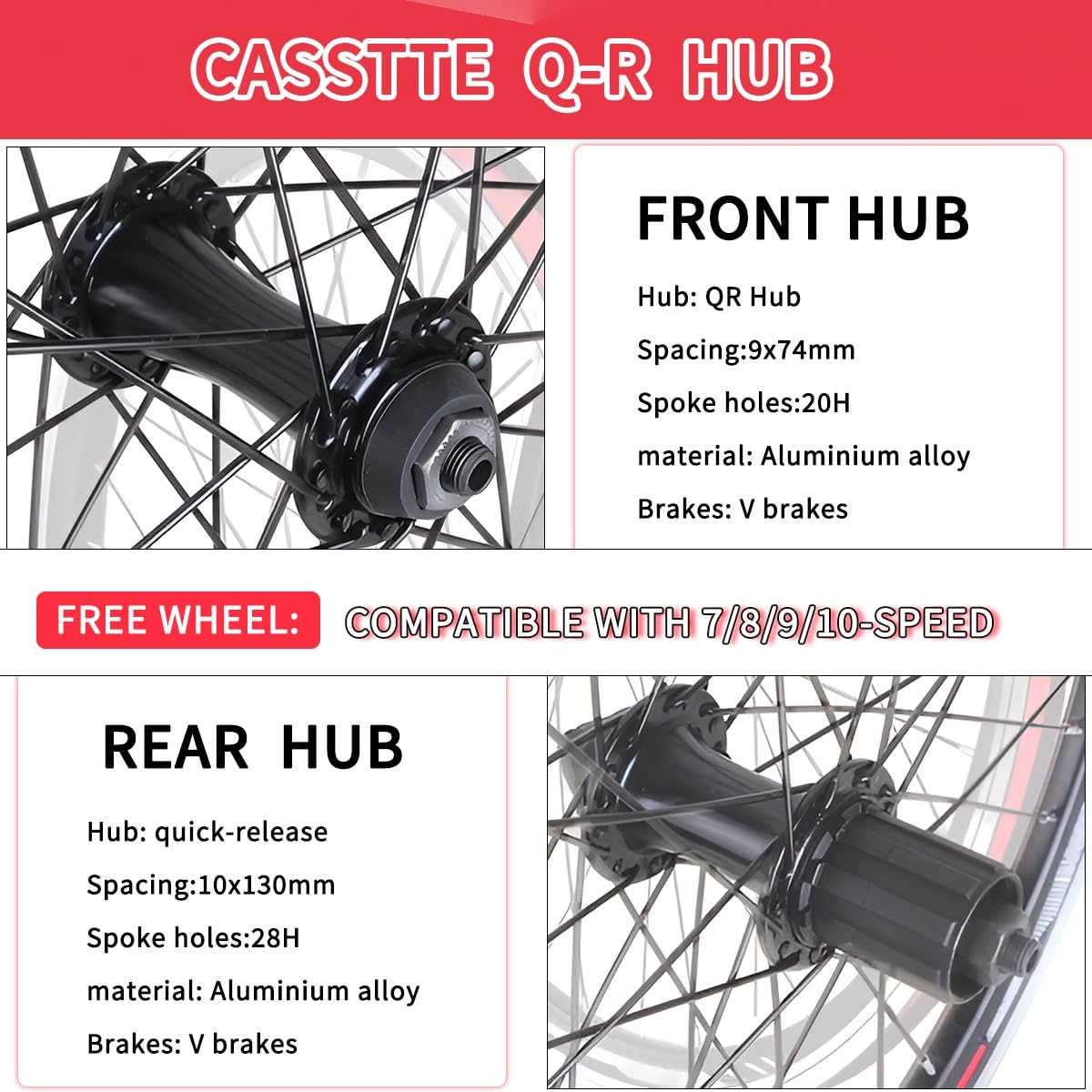 Ruedas para Bicicletas Plegables 406, Frenos V-Brake, Cassette 20/28H, buje de liberación rápida, llanta de aleación de Aluminio de Doble Pared de 9x74 mm/10x130 mm, para Bicicleta