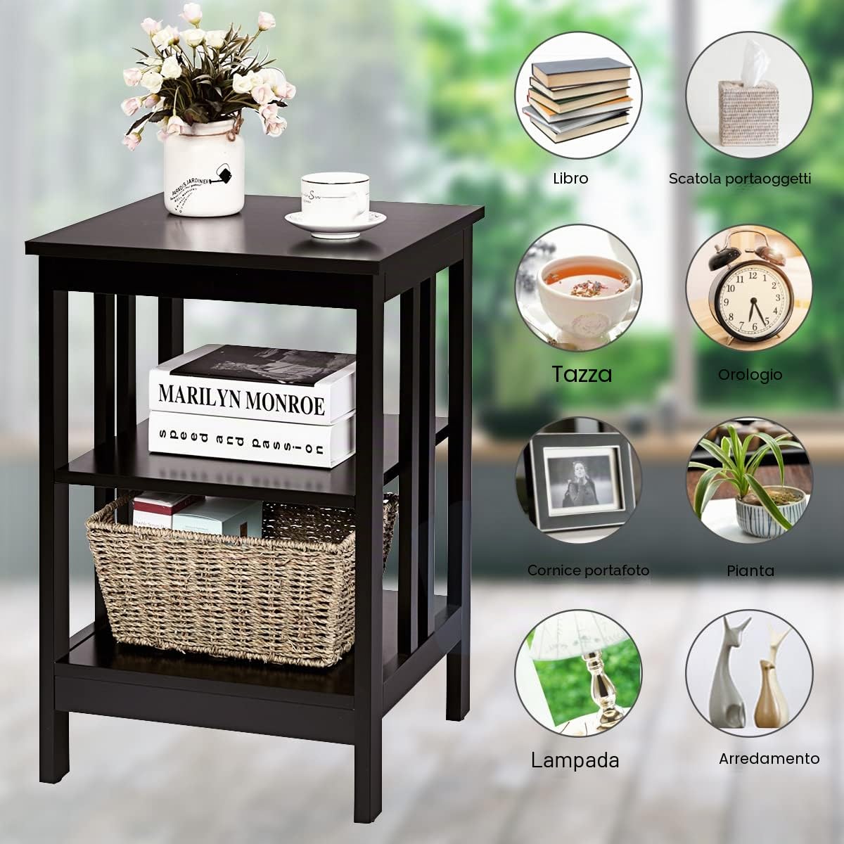 LIFEZEAL Comodino a 3 Ripiani, Comodino in Legno, Tavolino Basso, per Soggiorno, Camera da Letto, Salotto, Montaggio Semplice, Peso Max 20 kg, 40x40x61 cm, Caffè