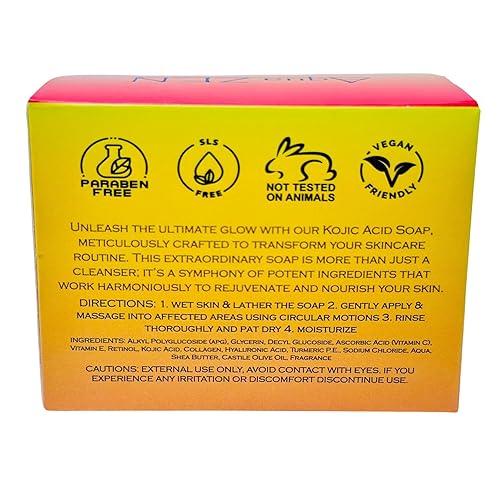 Miniatura 2 de Jabón de ácido kójico reductor de manchas oscuras e hiperpigmentación, sin tintes con vitamina E, retinol, colágeno, ácido hialurónico, cúrcuma,