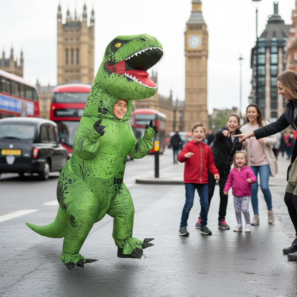 A2Z 4 Kids Nadmuchiwany kostium dinozaura na Halloween dla chłopców i dziewcząt, T-Rex, fantazyjny strój z wachlarzem i akumulatorem, zielony, jurajski, Halloween, przyjęcie, cosplay, jeden rozmiar