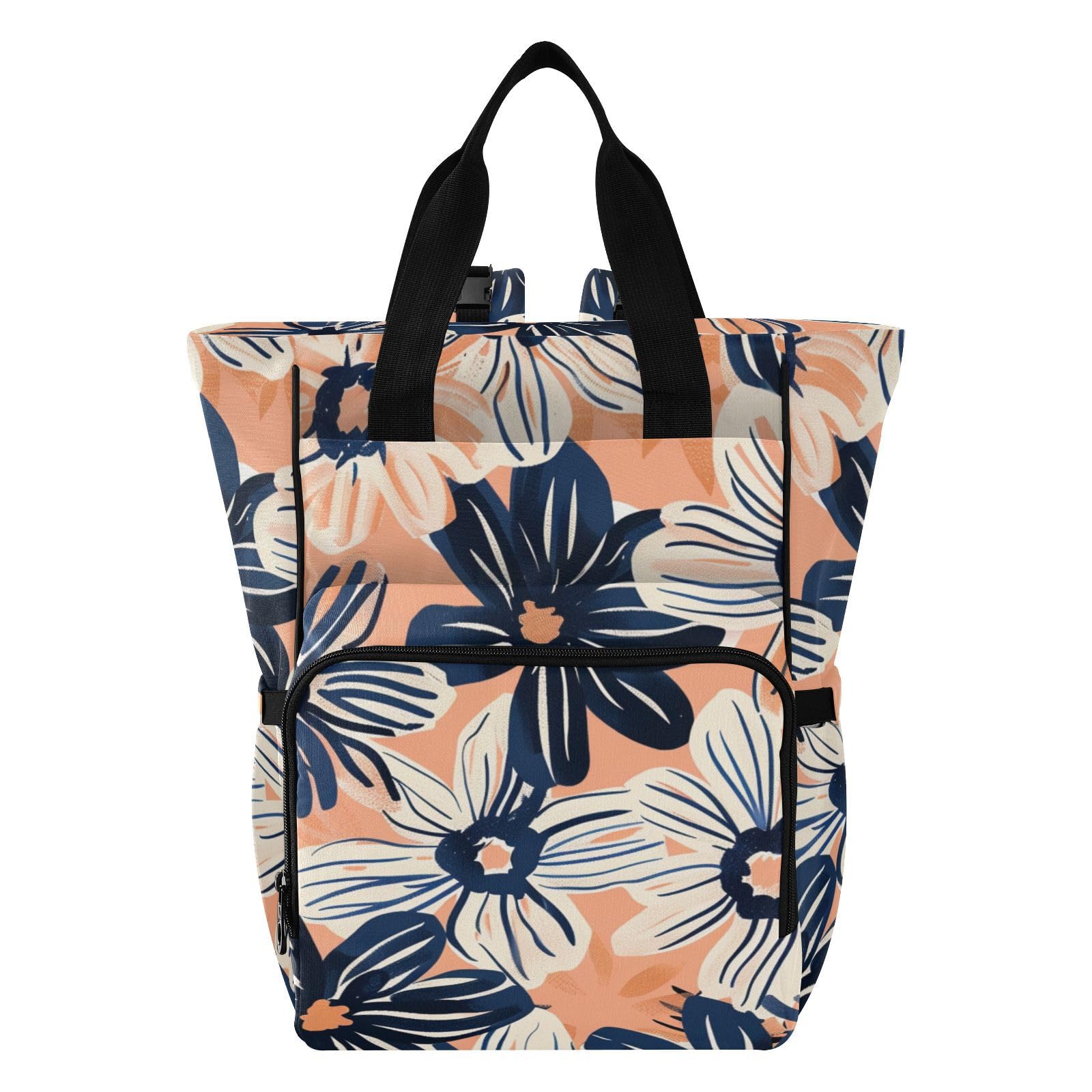 Borsa per pannolini per la mamma con fiori color pesca e blu navy