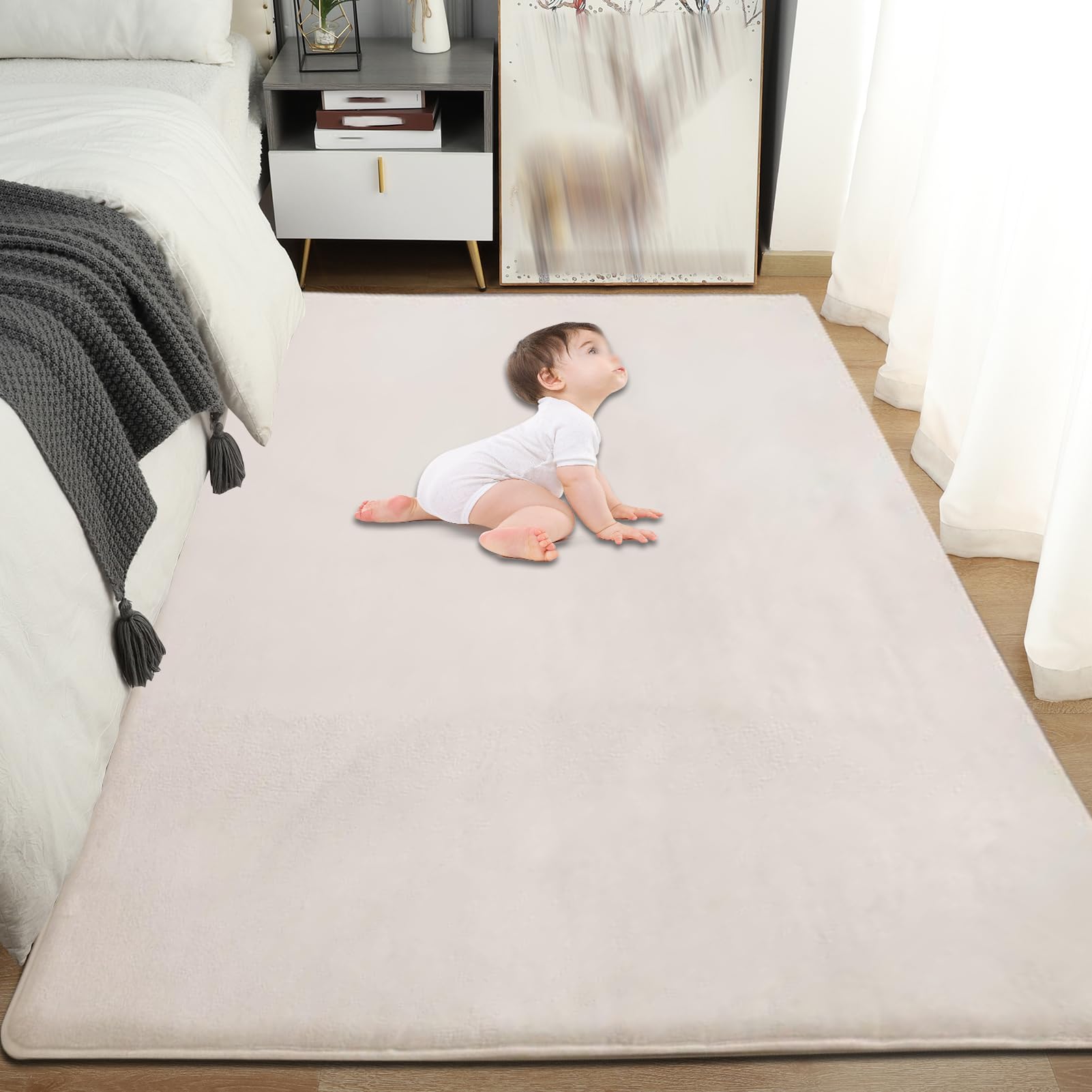 Krabbelmatte Baby 3cm Dicke Schaumstoff Spielmatte, 90 x 200 cm Teppich Kinderzimmer, Crème Teppich Kinder Spielmatte mit Rutschfester Unterseite, Teppich Baby für Kinder, Kinderteppich