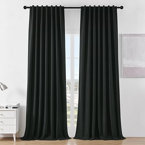Joydeco - Cortinas opacas negras de 84 pulgadas de largo - Cortina de lino 100% opaca para dormitorio, con bolsillo para cortinero y lengüetas