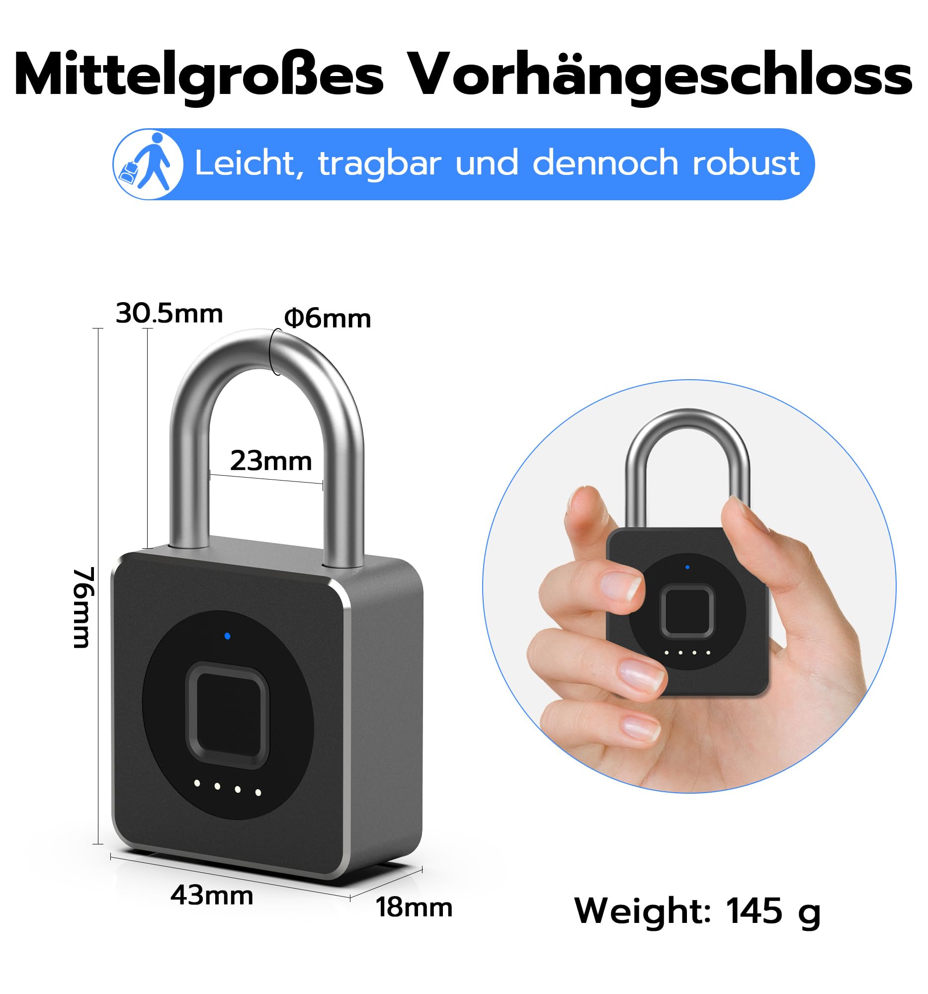 Smart Fingerabdruck Vorhängeschloss mit Bluetooth App – Elektronisches Kombischloss für Fitnessraum, Gartentor, Außenschrank und Lager – Schwarz