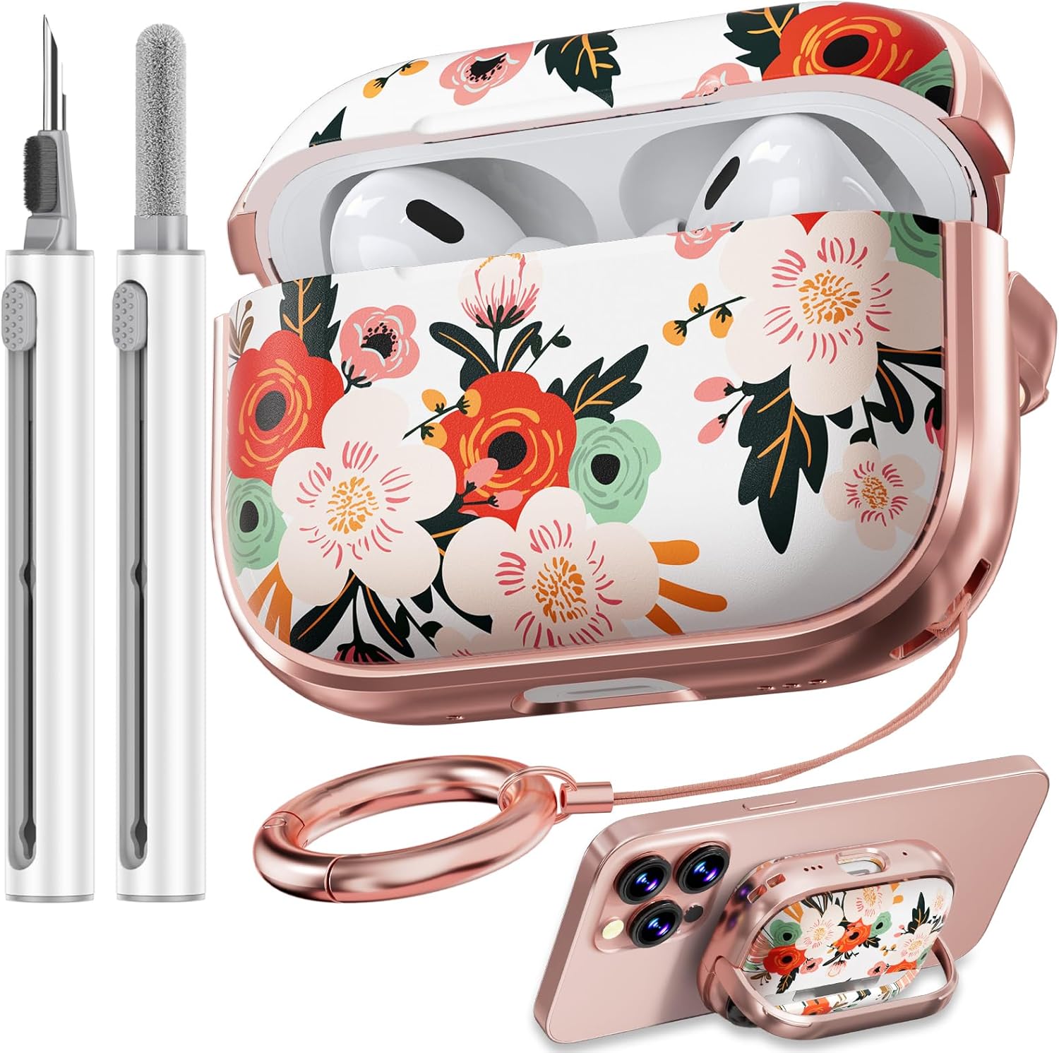 Inesore for AirPods Pro 2nd Generation Case Cover with Lock, Flowers Cute Air Pods Pro 2 Case Hard iPod Pro Cases for Women Girls with Cleaner Kit (2023 USB-C /2022/2019) -Black Gold Flower