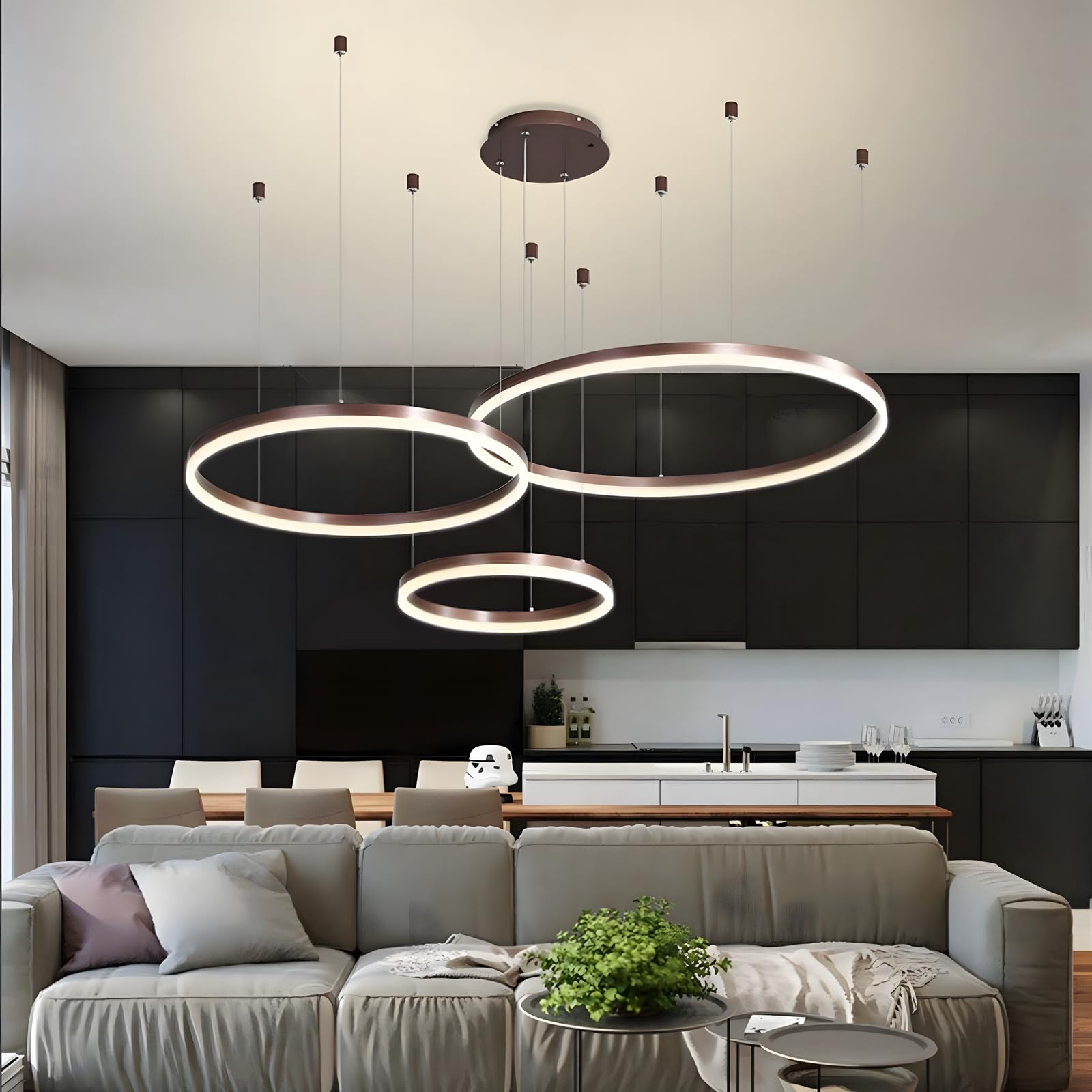 YYUTLUO Lustre LED Moderne DIY Cercle | 3 Brun Anneaux :40 60 80cm=90W | Éclairage Suspendu LED Métal Acrylique Télécommande Intensité Variable 2,4G Lampe Suspendue Plafond Ronde Salon Chambre