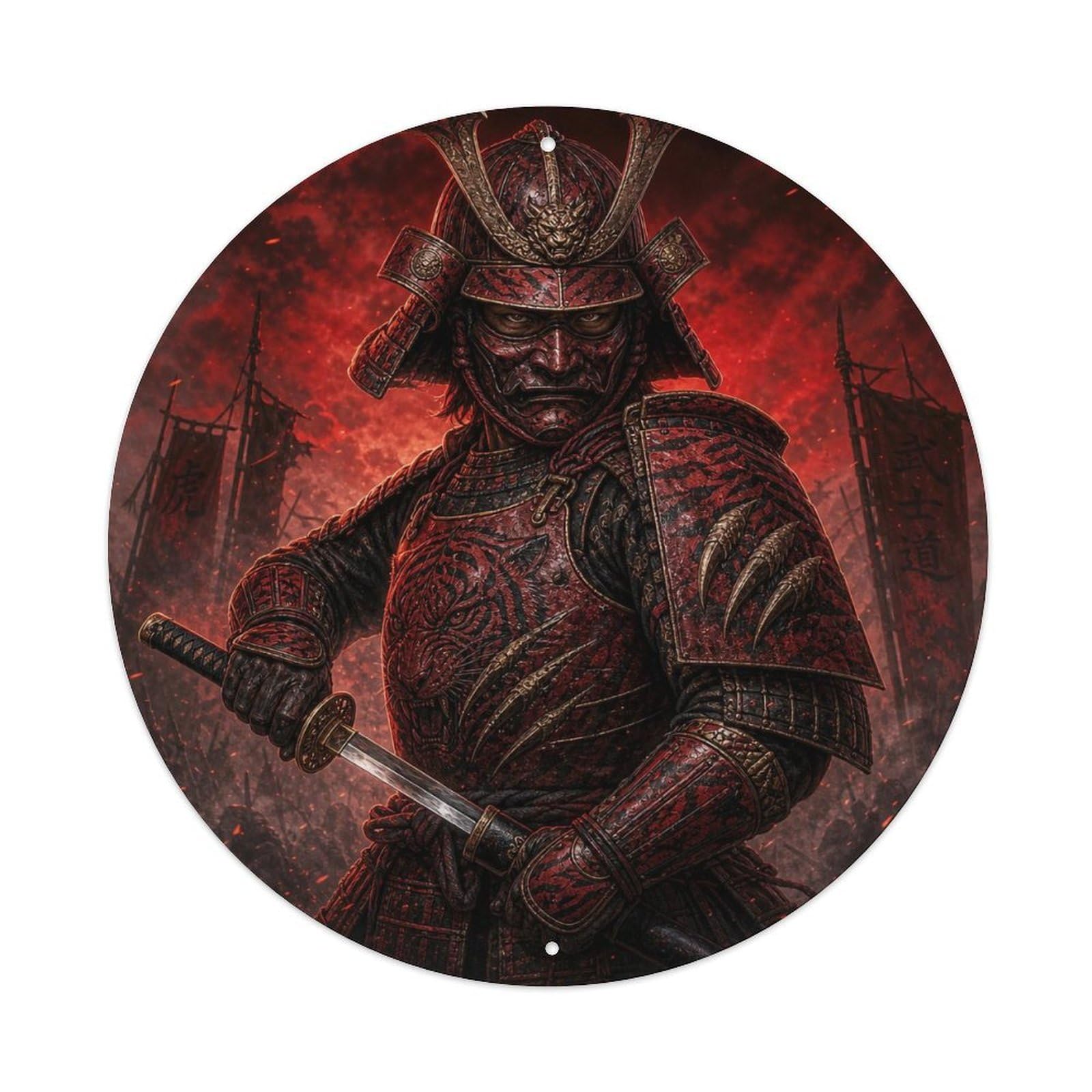 Samurai Warrior Garnet Blood Single Hand Draw Pose Vintage Metal Tin Sign Plaque Wall Decor for Cafe, Club Bar, Office, Garden Metal Poster 8x8Inch