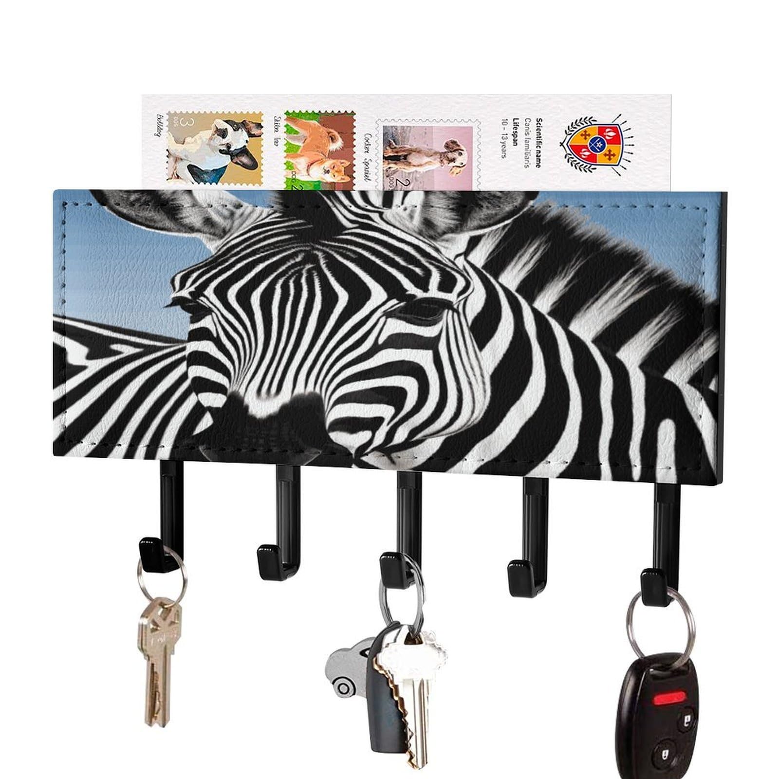 FekiLoot Zebra Key Holder Wall Mount Key and Mail Holder Key Hanger with 5 Hooks Decorative PU Key Rack Hanging Key Hooks for Wall Living Room Kitchen Bathroom Hallway Black-Style