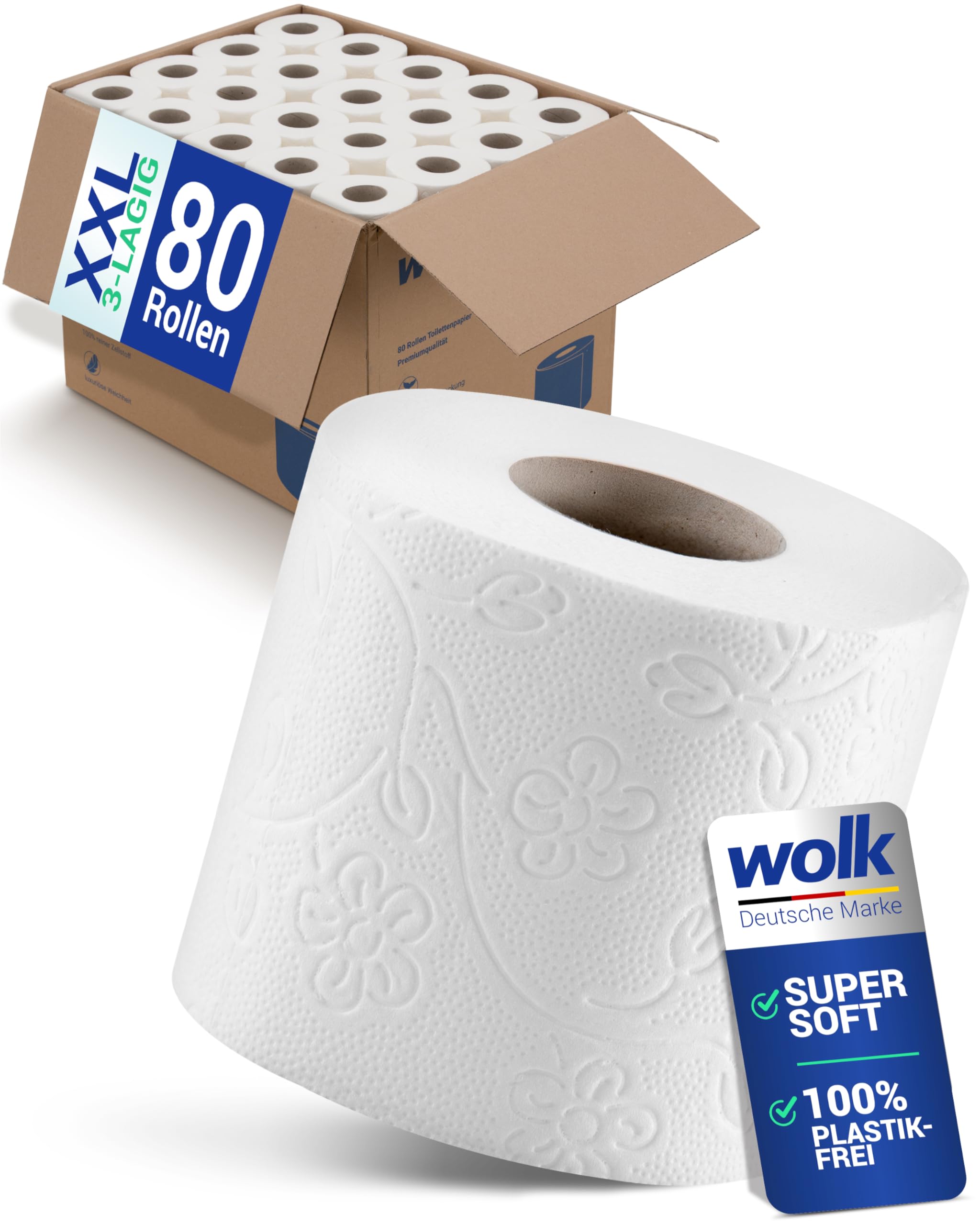 Toilettenpapier 3 lagig 80 Rollen Großpackung XXL Vorratspack | Plastikfrei verpacktes WC Papier aus Zellstoff, 150 Blatt, 3 lagig, ideal für die Toilette, Camping & Spar-Abo