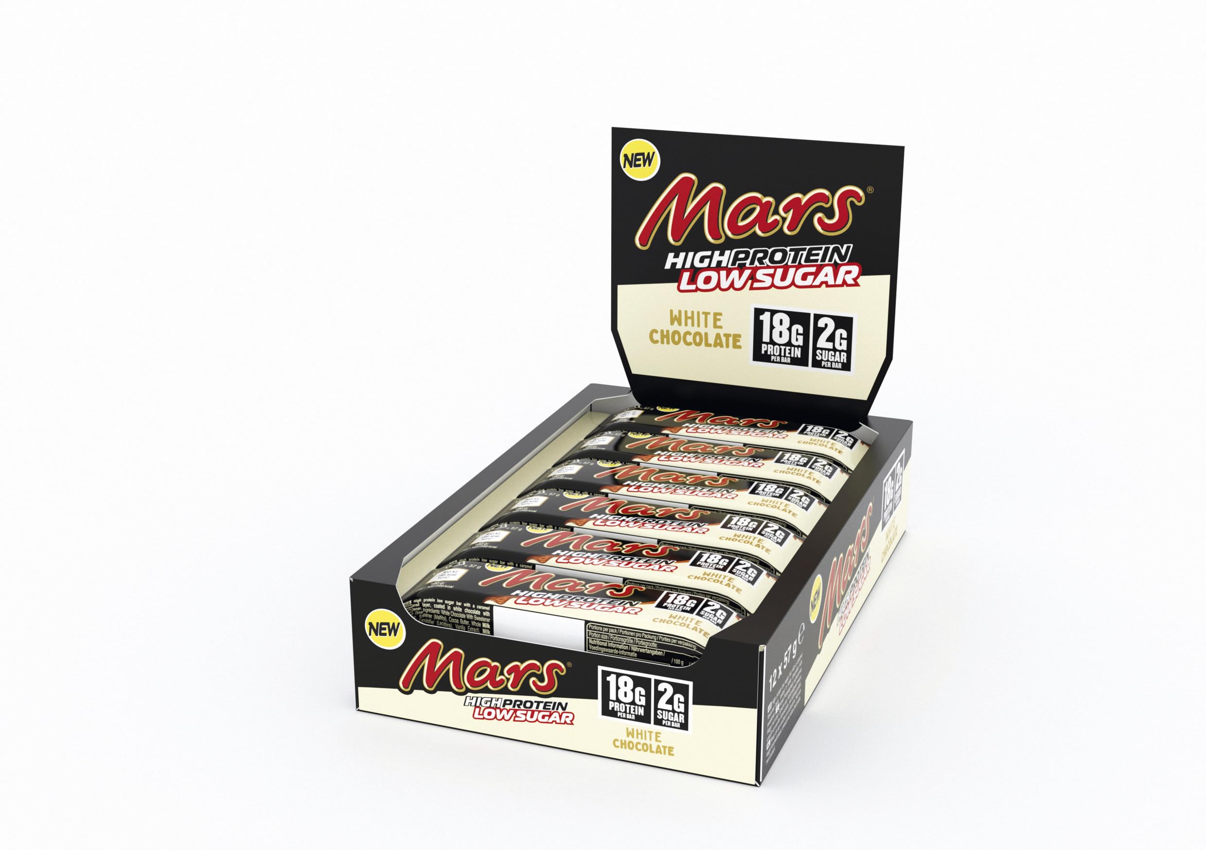 Mars White Chocolate - High Protein Energy Snack Bar | Low Sugar, Only 2g of Sugar per Bar, Caramel, Nougat and Real White Chocolate, Contains 18g Protein 12 x 57g Pack