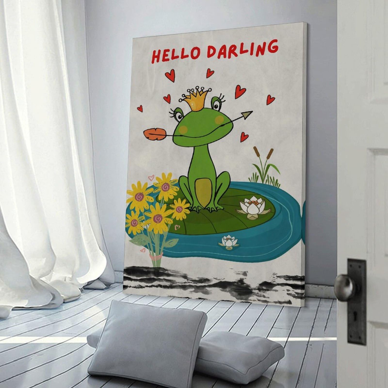 Junmoney Home Decor Wall Art Hello Darling Frog Princess Illustration, 20x30inch(50x75cm), for New Homes, Bedrooms Or Workspaces, Decorative Present for New Homes
