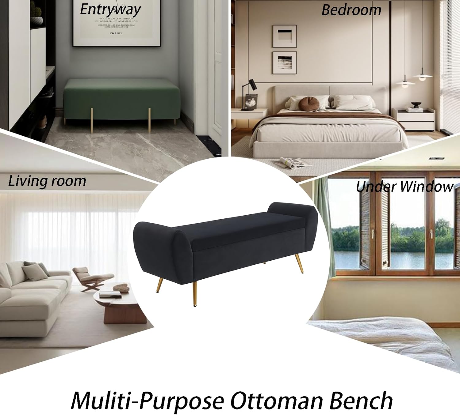 Velvet Storage Bench for Bedroom, 57" Long Bench for King Size Bed, Modern Upholstered End of Bed Ottoman Bench with Arms and Gold Legs for Entryway Living Room (Black) Velvet-black