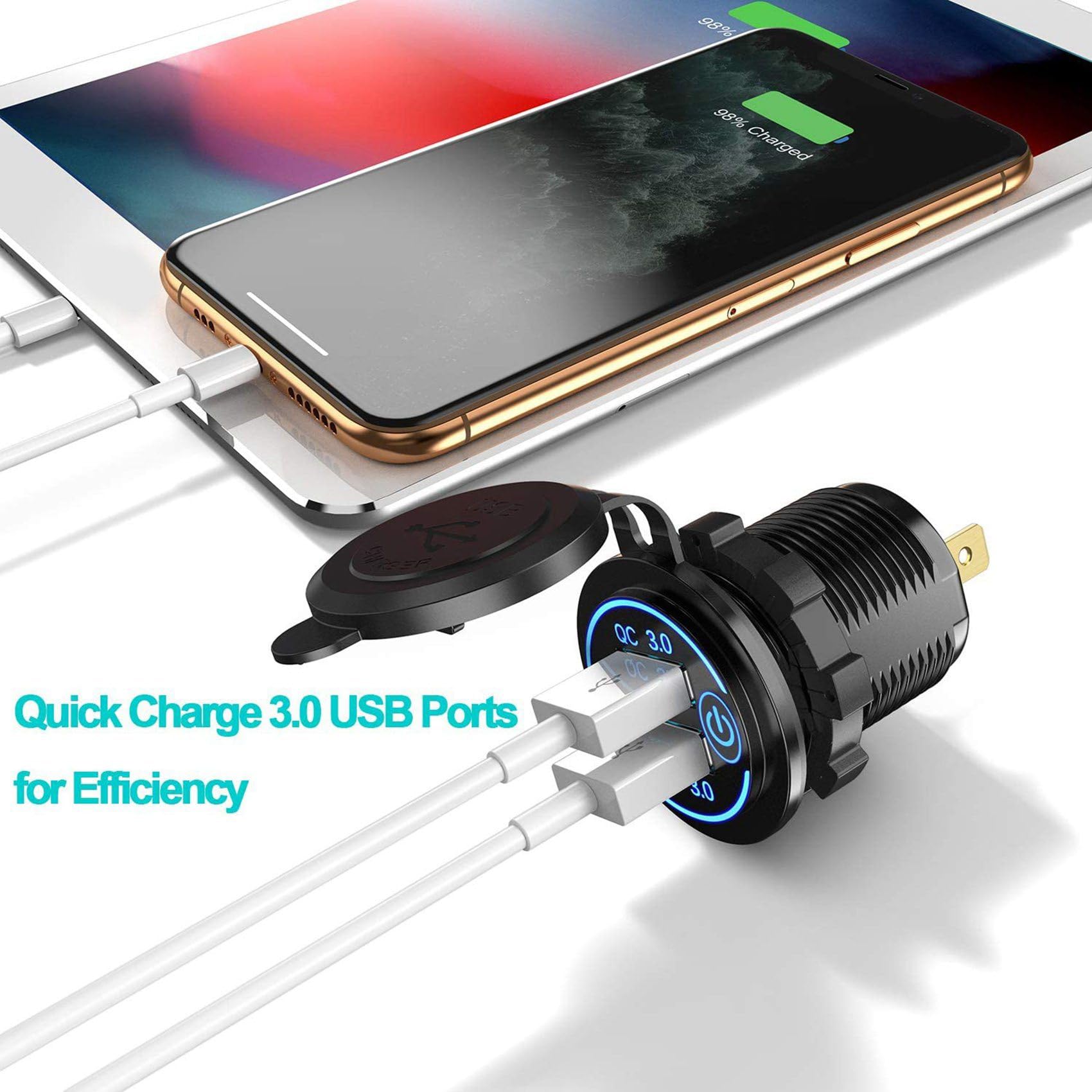 20X Carga Rápida 3.0 Cargador de Coche Usb Dual 12V 36W Cargador Rápido Usb con Interruptor para Moto Camión Carro de Golf Azul