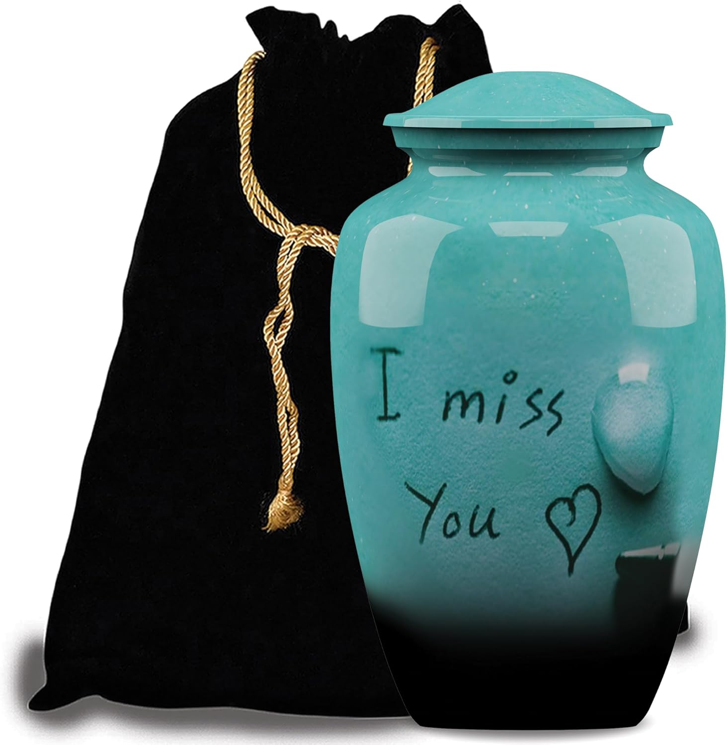 Forever URNS Adult Cremation Funeral Urn with Printed I Miss You Theme for Human Ashes of Female & Male | 200 cu in | Large | Sea Green | Completely Handcrafted with Velvet Protection Bag