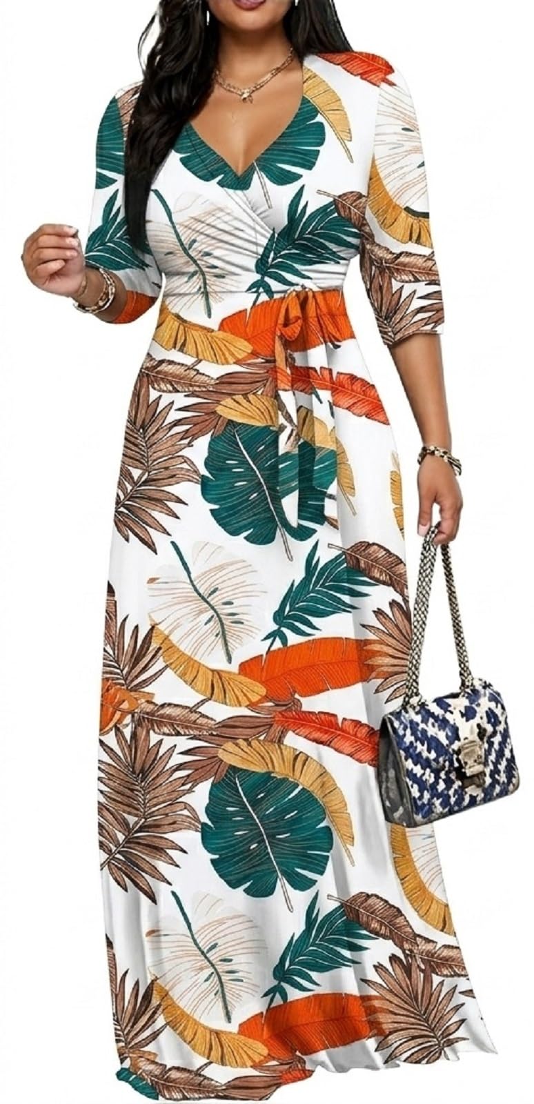 Women's Church Maxi Wrap V Neck 3/4 Sleeve Tie Waist Plus Size Long Dress