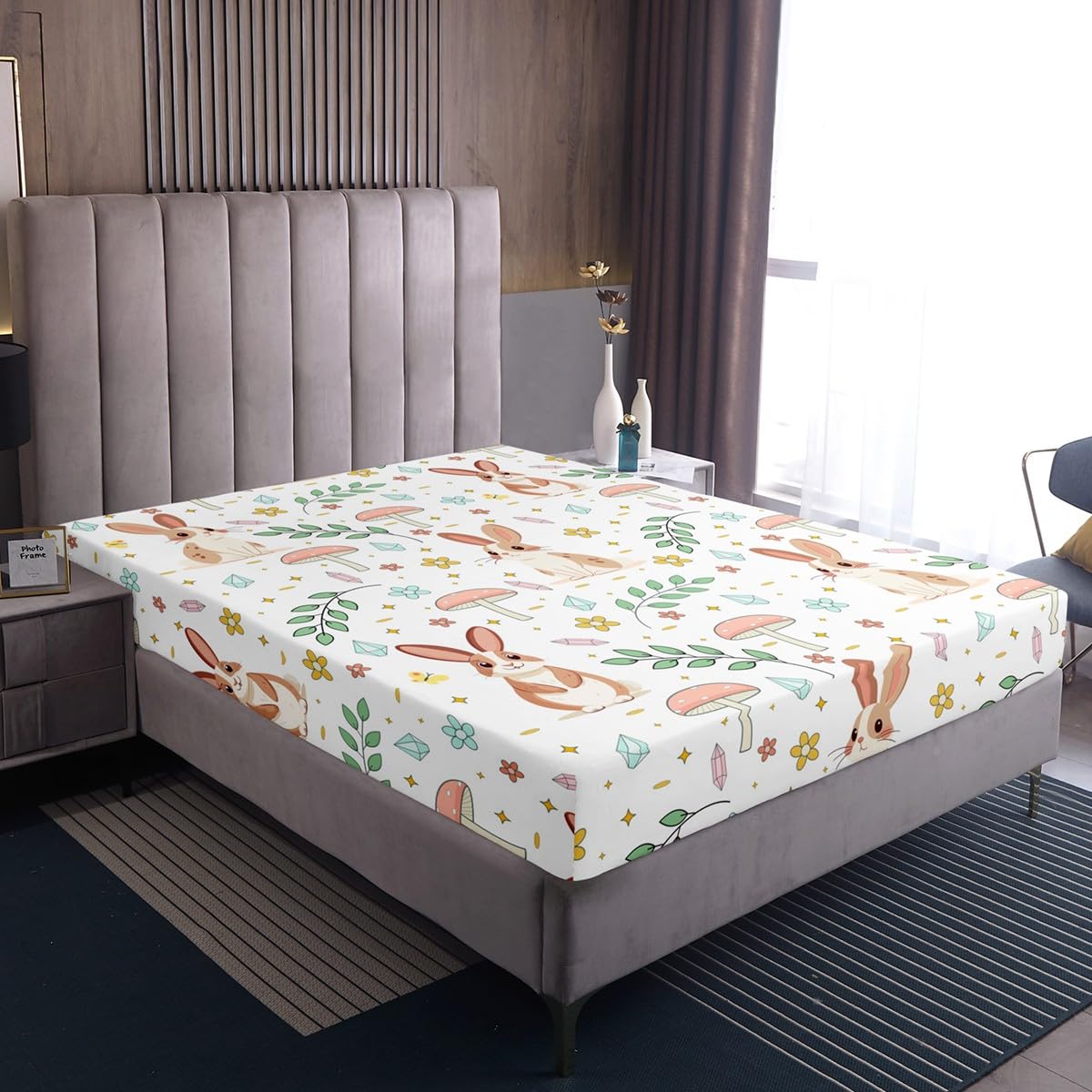 Homewish Niedliches Kaninchen Spannbettlaken 140x200cm für Kinder Mädchen Jungen,Cartoon Waldtier Bettlaken Blumen Botanischen Pilzen Blätter Kuschelig Kaninchen Spannbetttuch Modern Raumdekor
