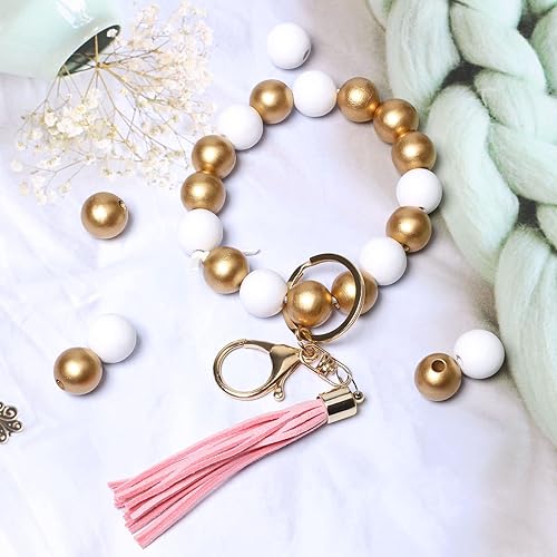 Miniatura 3 de 100 cuentas de madera blanca y dorada de 0.63 pulgadas para guirnaldas, cuentas espaciadoras sueltas de madera para manualidades, fabricación de