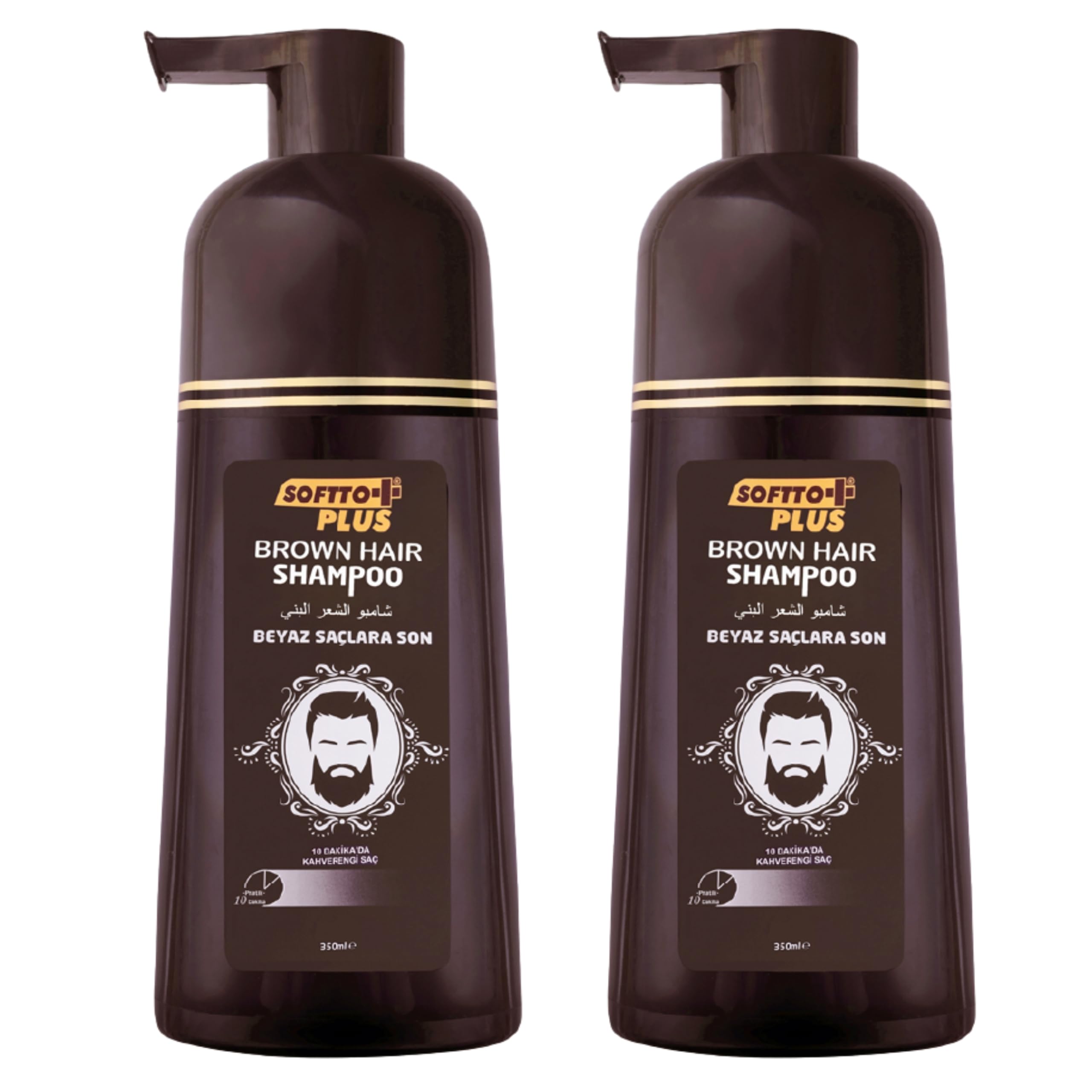 Softto+Plus Brown Hair Shampoo, copertura per capelli bianchi e grigi in soli 10 minuti, senza macchie, guanti inclusi, per uomo e donna, 2 x 350 ml contenuto/marrone