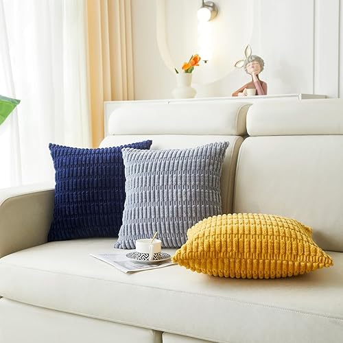 Miniatura 5 de Paquete de 2 fundas de almohada decorativas azul oscuro de 18 x 18 pulgadas, fundas de almohada cuadradas de pana suave a rayas bohemias para sofá,