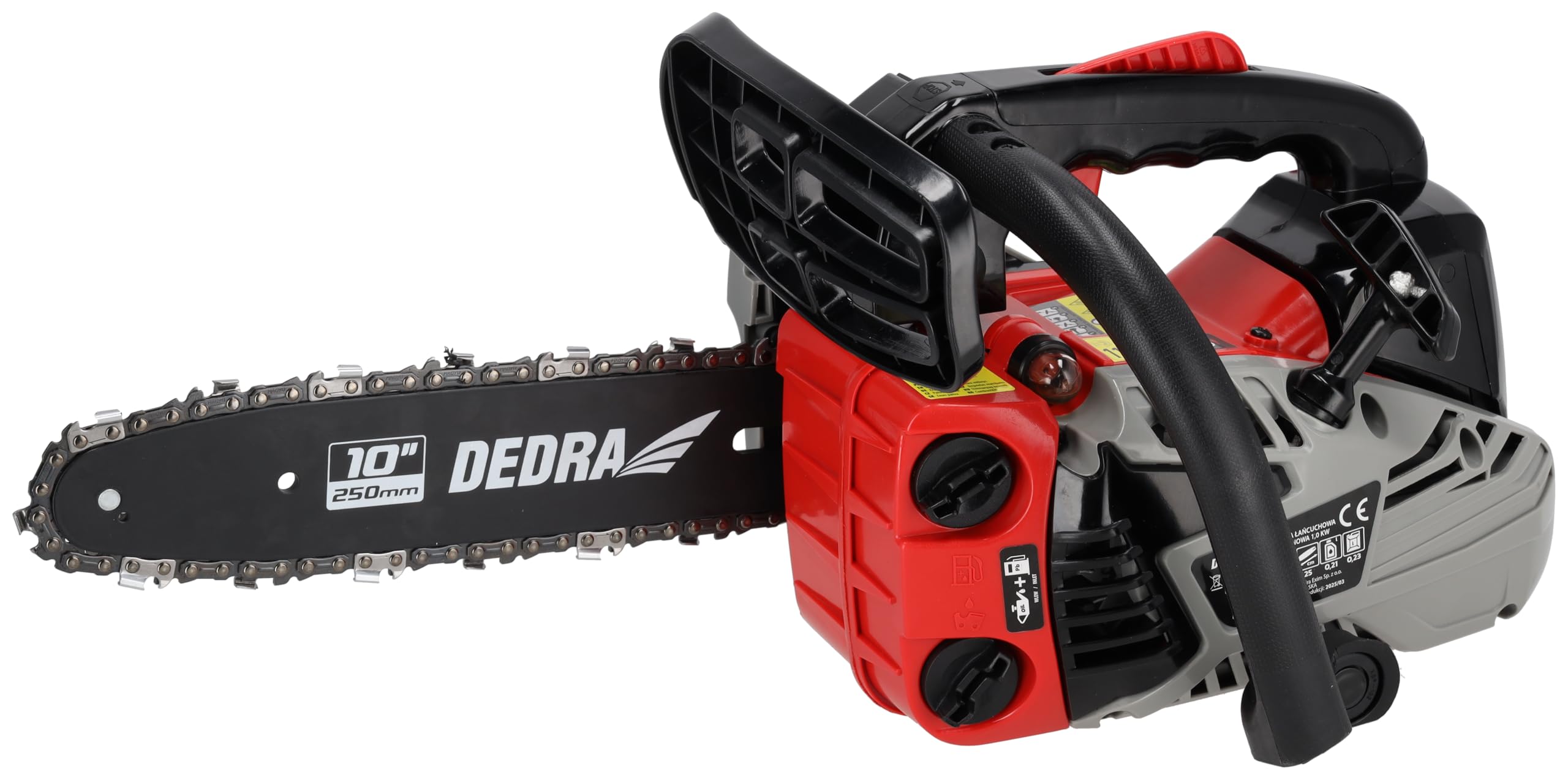 DEDRA Motosierra con motor de gasolina, minimotosierra, potencia 1,0 kW, 25,4 cm³, riel guía de 10" (25 cm), motor de dos tiempos refrigerado por aire, cadena de zapatos bajos, hasta 11500 rpm
