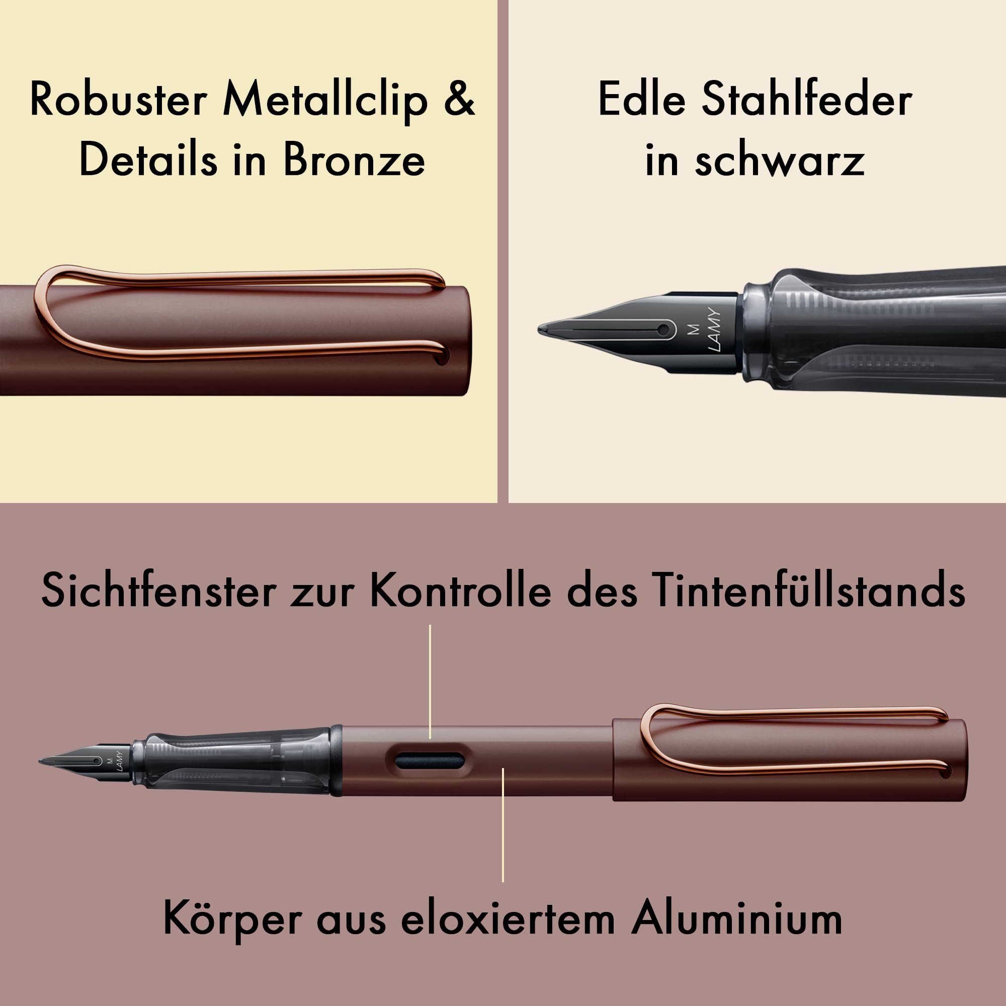 Lamy Lx Füller marron – PVD-veredelte Feder & ergonomischer Griff – eloxiertes Aluminiumgehäuse – Strichbreite F – inkl. Tintenpatrone T 10 blau & Metalletui – für Rechtshänder