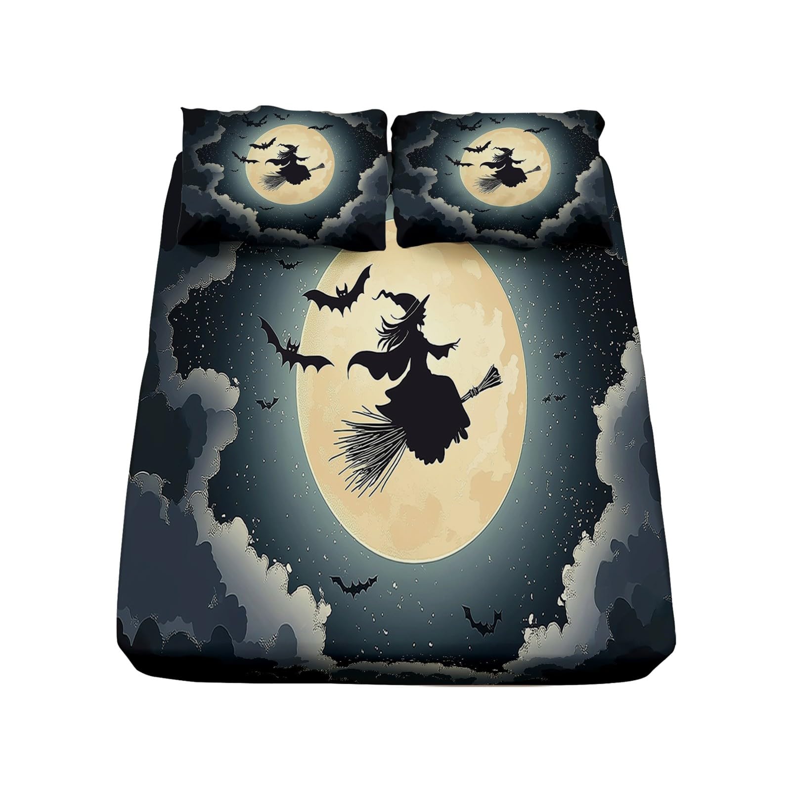 Prześcieradło z gumką w rozmiarze king size, na Halloween, czarownica, nietoperz, prześcieradło z mikrofibry, 160 x 200 cm, nie kurczy się i nie mechaci się, można prać w pralce, podwójne
