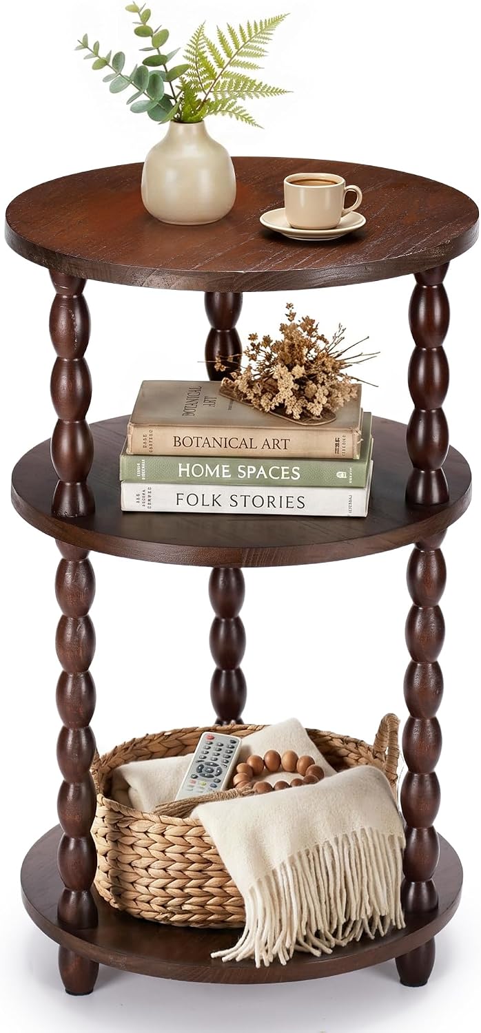 Small Round Side Table, 3-Tier Solid Wood End Table with Storage Shelf, Modern Bedside Tables Night Stand for Living Room, Bedroom, College Dorm, Small Space (White)